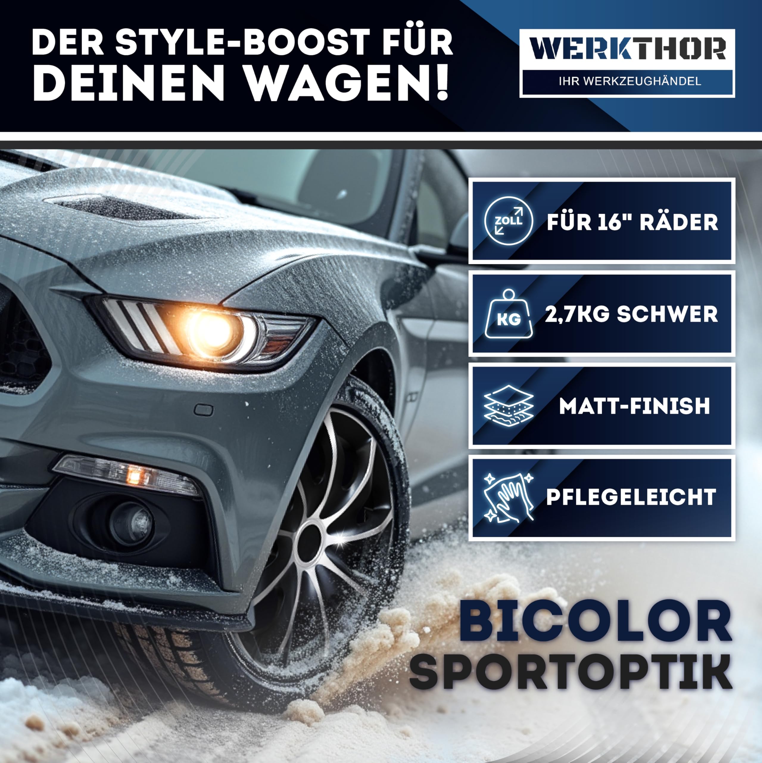 WERKTHOR Copricerchi 16 Pollici – Set 4 Copricerchi da 13 a 16 Pollici Nero/Argento – Copri Cerchi 15 Pollici per Auto – Borchie Robuste per Cerchi in Acciaio