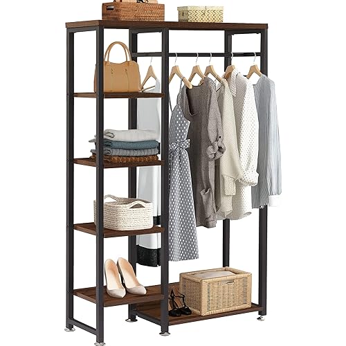 VECELO Free-Standing Heavy Duty Vintage Closet/Storage Organizer for Bedroom Clothes Garment Rack with Shelves and Hanging Rod, Dark Brown