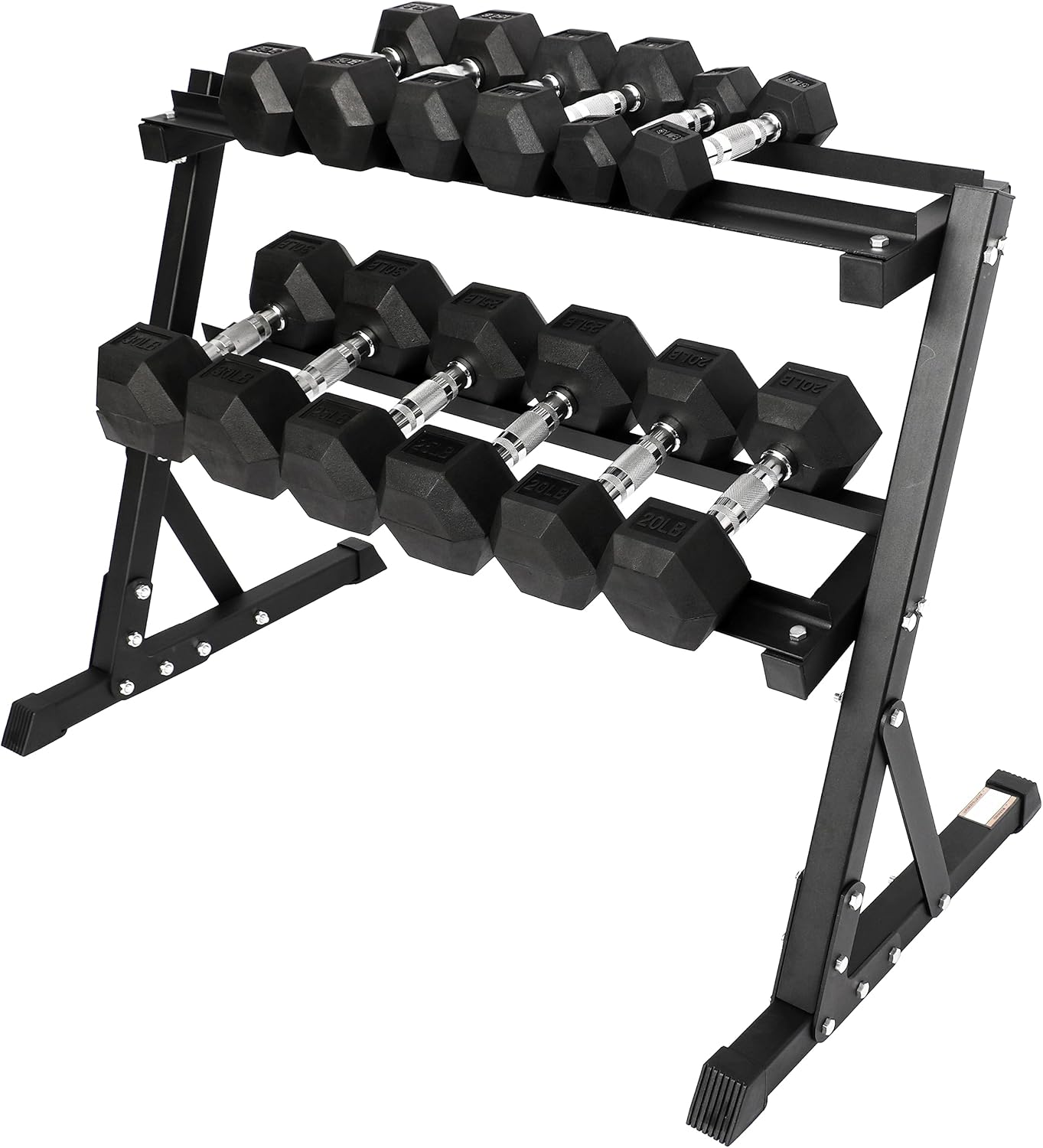 Signature Fitness 150LB Rubber Coated Hex Dumbbell Weight Set with 2-Tier Storage Rack, 5-30 lbs Pairs, Black