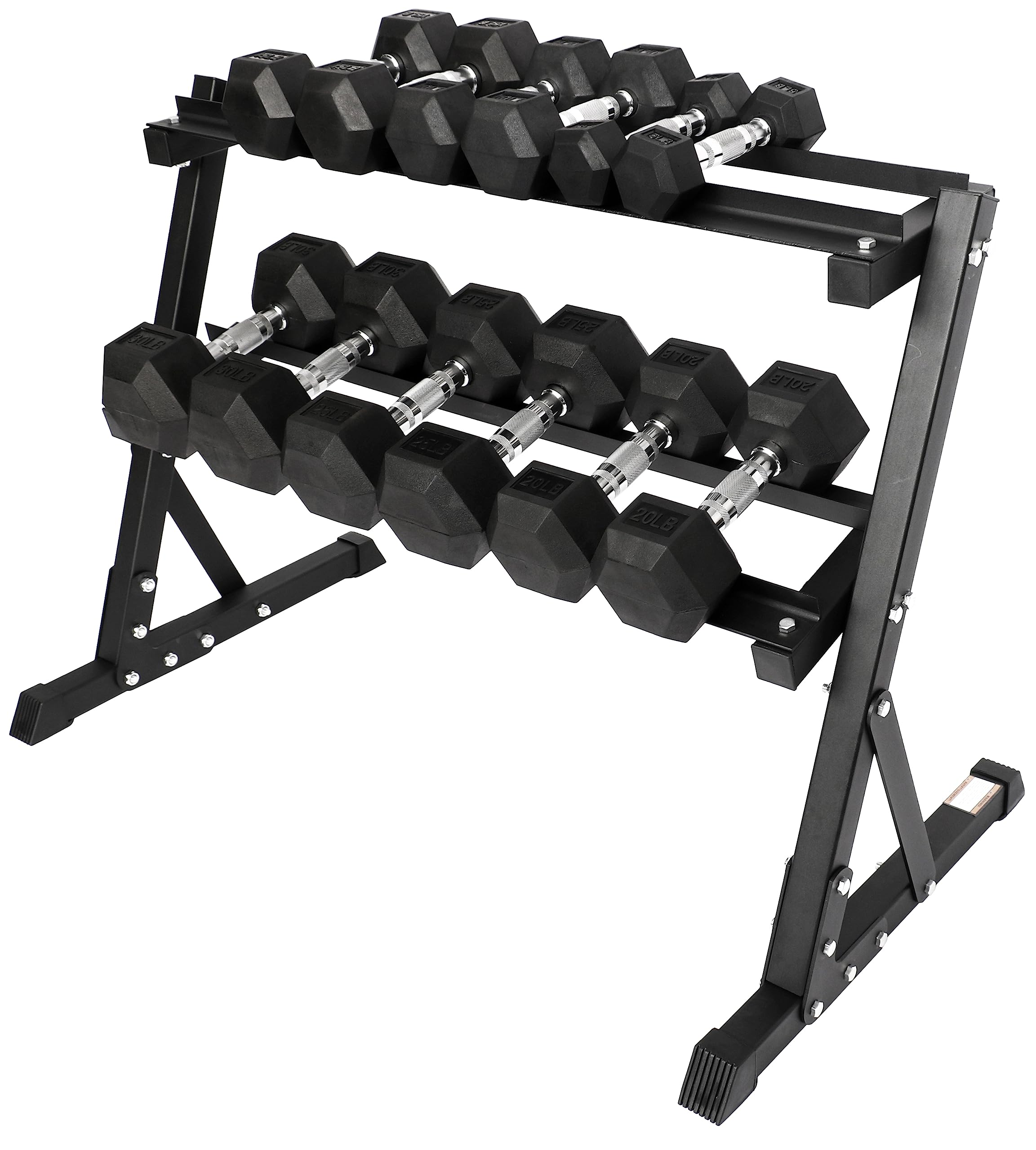 Signature Fitness 150LB Rubber Coated Hex Dumbbell Weight Set with 2-Tier Storage Rack 5-30 lbs Pairs Black