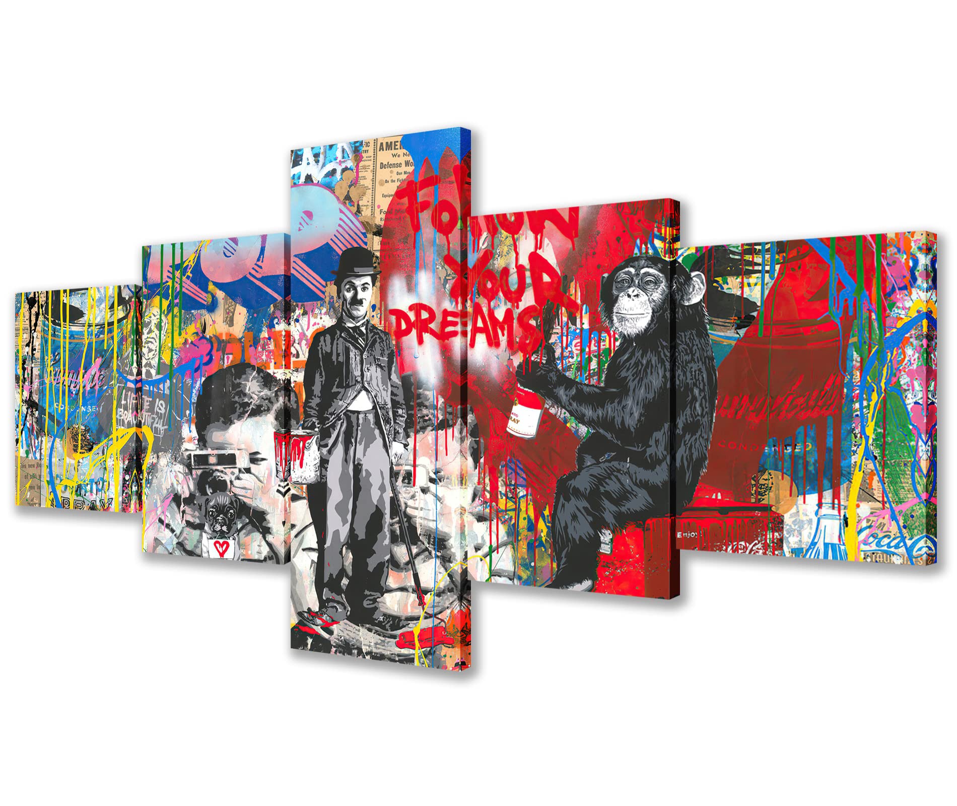 Tucocoo Room Decor Paintings Banksy Graffiti Monkey Pictures 5 Panel Canvas Street Pop Art Chaplin Wall Art Modern Abstract Artwork Home Decor for Living Room Giclee Framed Ready to Hang 50x24 Inch