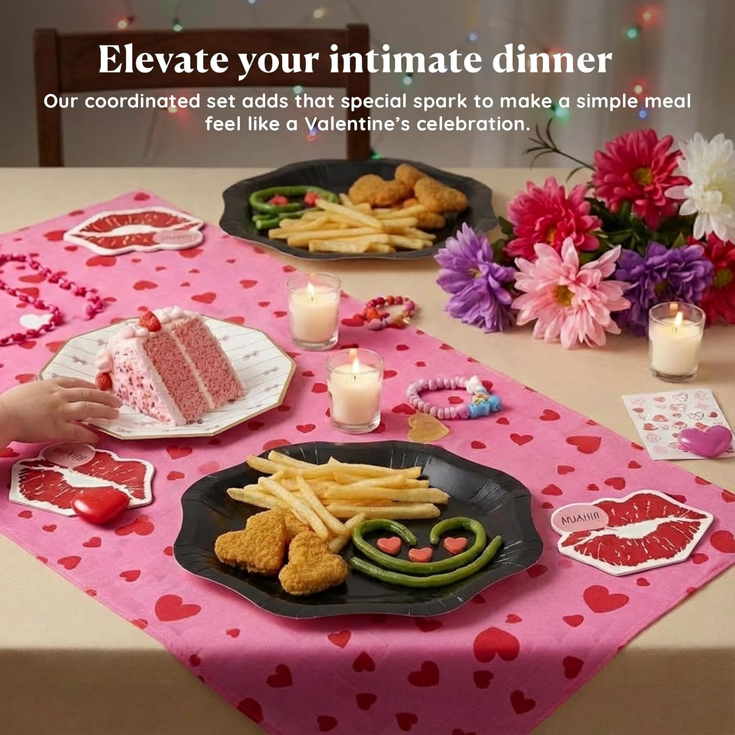 Valentines Day Disposable Dinnerware Set by Charlies Party Supply – 8 Black Scalloped & 8 Bow Accent Plates, 16 Pucker Up Napkins – Tableware Set for Valentines Day Party & Romantic Events