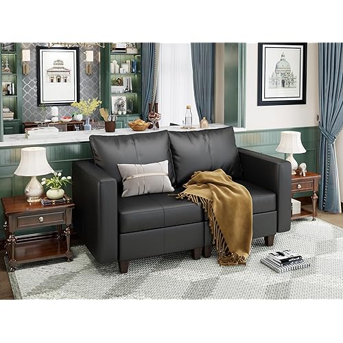 EASE MOOSE Modular Sectional Loveseat Sofa Couch with Storage Seats, 2 Seat Faux Leather Convertible Modular Sofa Love Seats for Small Spaces, Black
