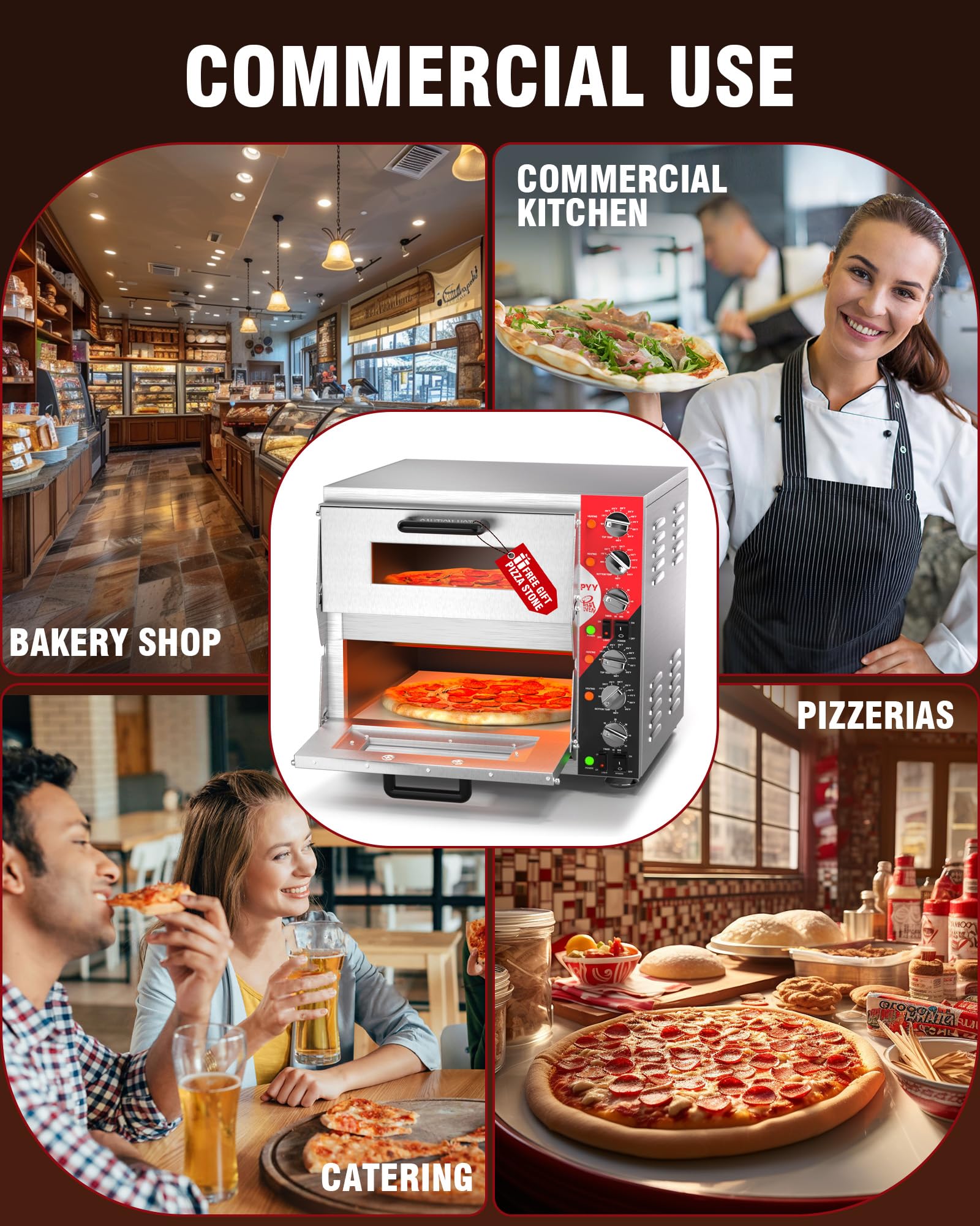 Horno de pizza para interiores de 16 pulgadas, hornos eléctricos de pizza de dos pisos con piedra para pizza, temporizador de anillo de 60 minutos, para el hogar y el restaurante, 3200 W, con 7