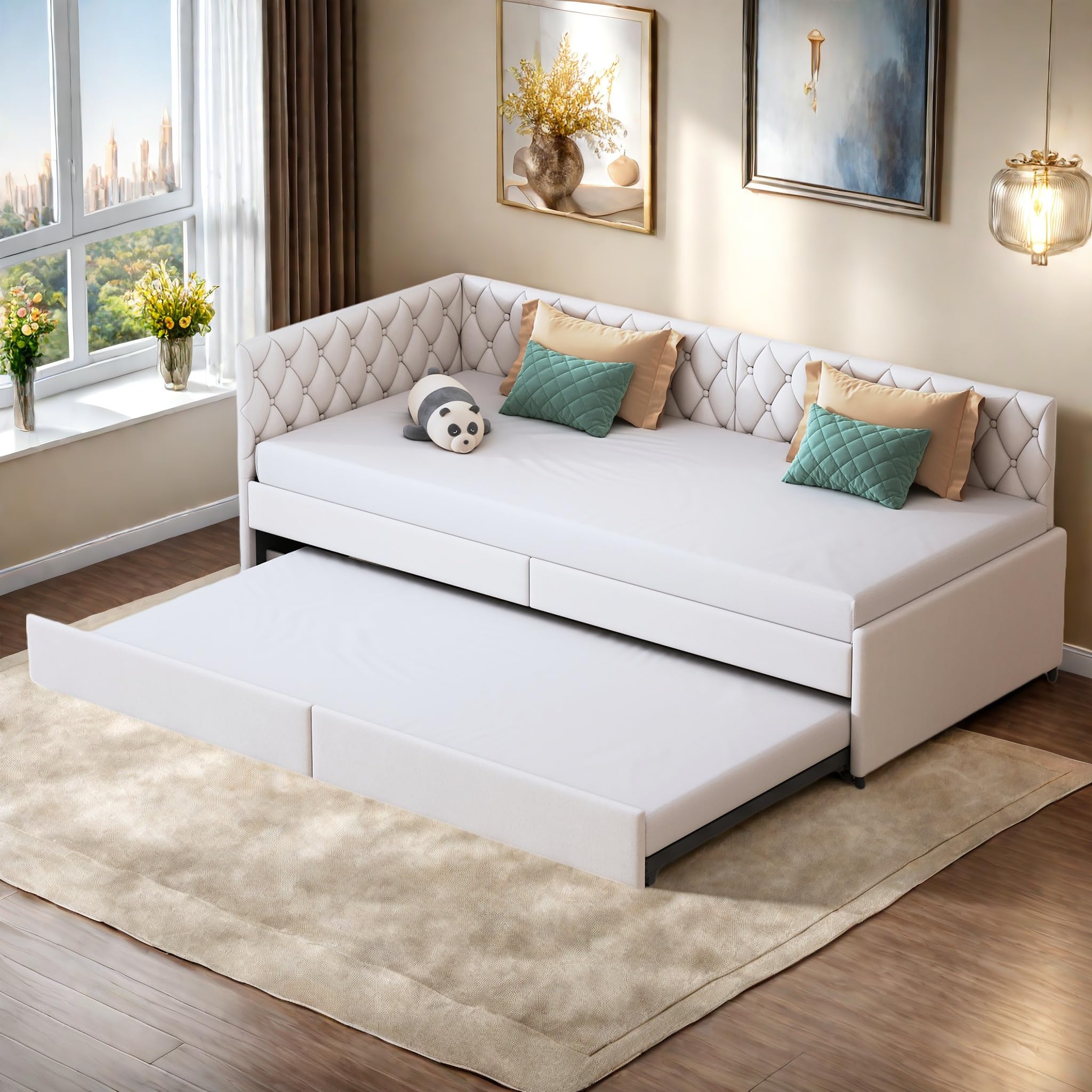 Divano letto in legno massiccio 90/180 x 200 cm, letto divano a 2 posti convertibile con 2 cassetti portaoggetti e rete a doghe per divano letto allungabile con schienale e braccioli, senza materasso