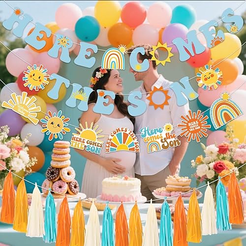 Miniatura 5 de Banner azul para baby shower con borla de guirnalda de texto en inglés Here Comes The Son, decoración de baby shower boho retro para fiesta de