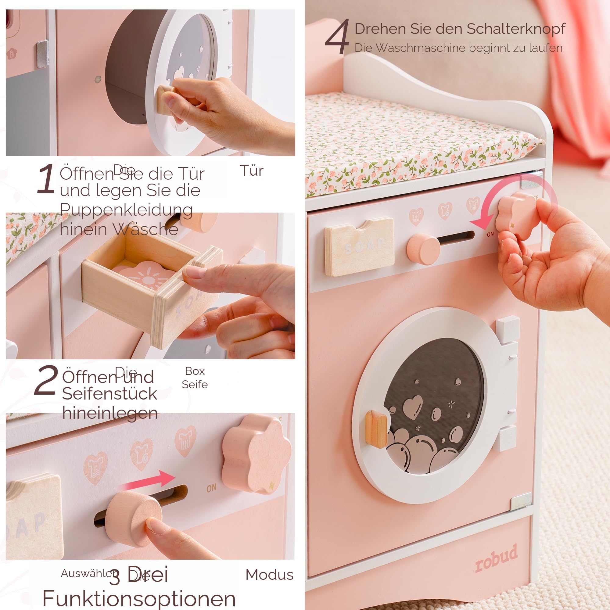 ROBUD Holzpuppen-Wickelstation, 4-in-1 Kleinkind-Puppen-Wickeltisch mit Waschmaschine & Flaschensterilisator, Aufbewahrung & Puppensitz, Puppenzubehör für Puppen unter 20", Geschenk für Kinder Rosa