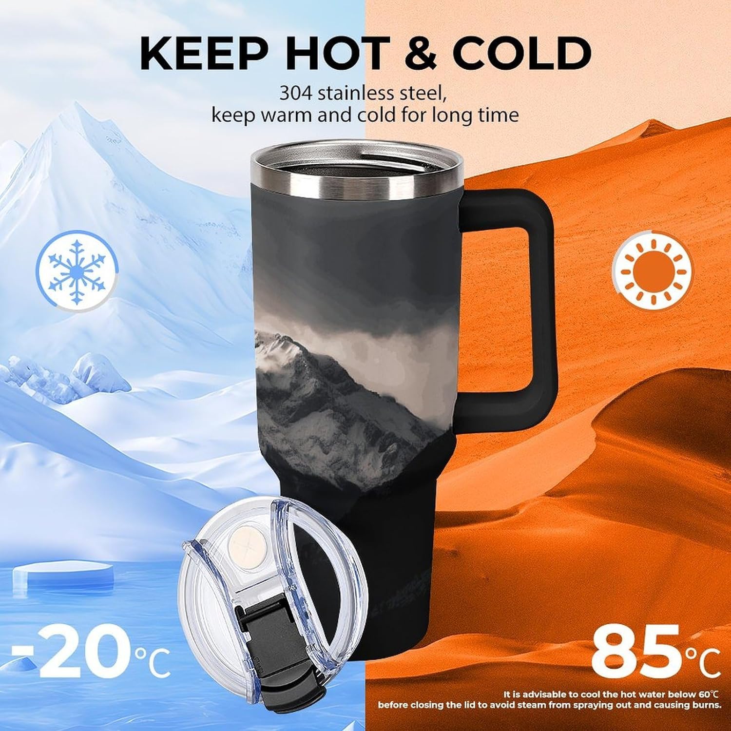 White Black Mountain Under The Sky Tumbler 40 Oz with Handle&Lid Large Car Cup Stainless Steel Vacuum Travel Mug Insulated Water Bottle Leak-proof Portable Coffee Cup for Home Car Outdoor