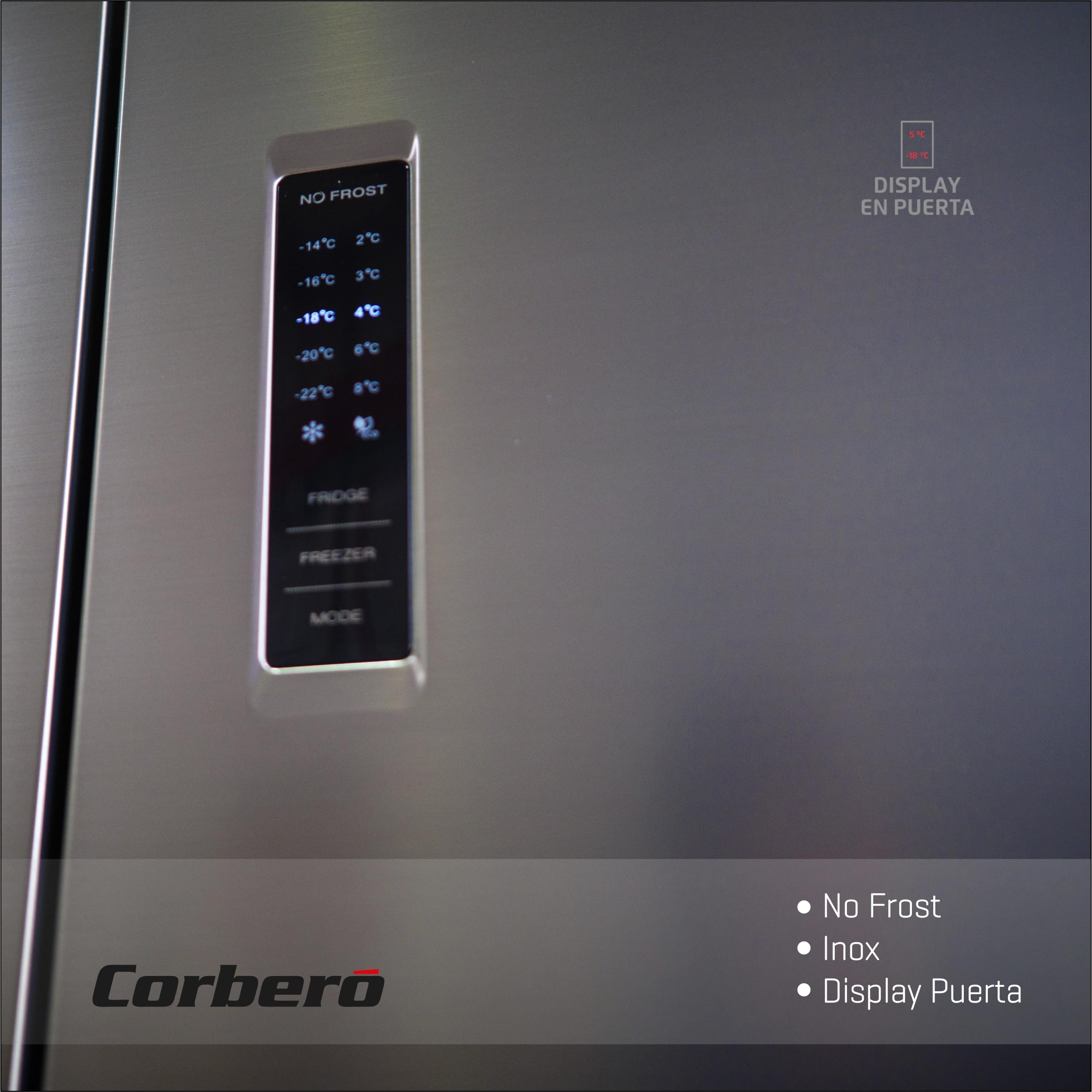 Corberó - Frigorífico 4 Puertas | CF4PH4823NFX | No Frost | Inverter | 362L | 180 cm | Display Puerta | Fresh Box | Crisper | Fresh Box Convertible | Estantes de Cristal | Función Eco | Inox
