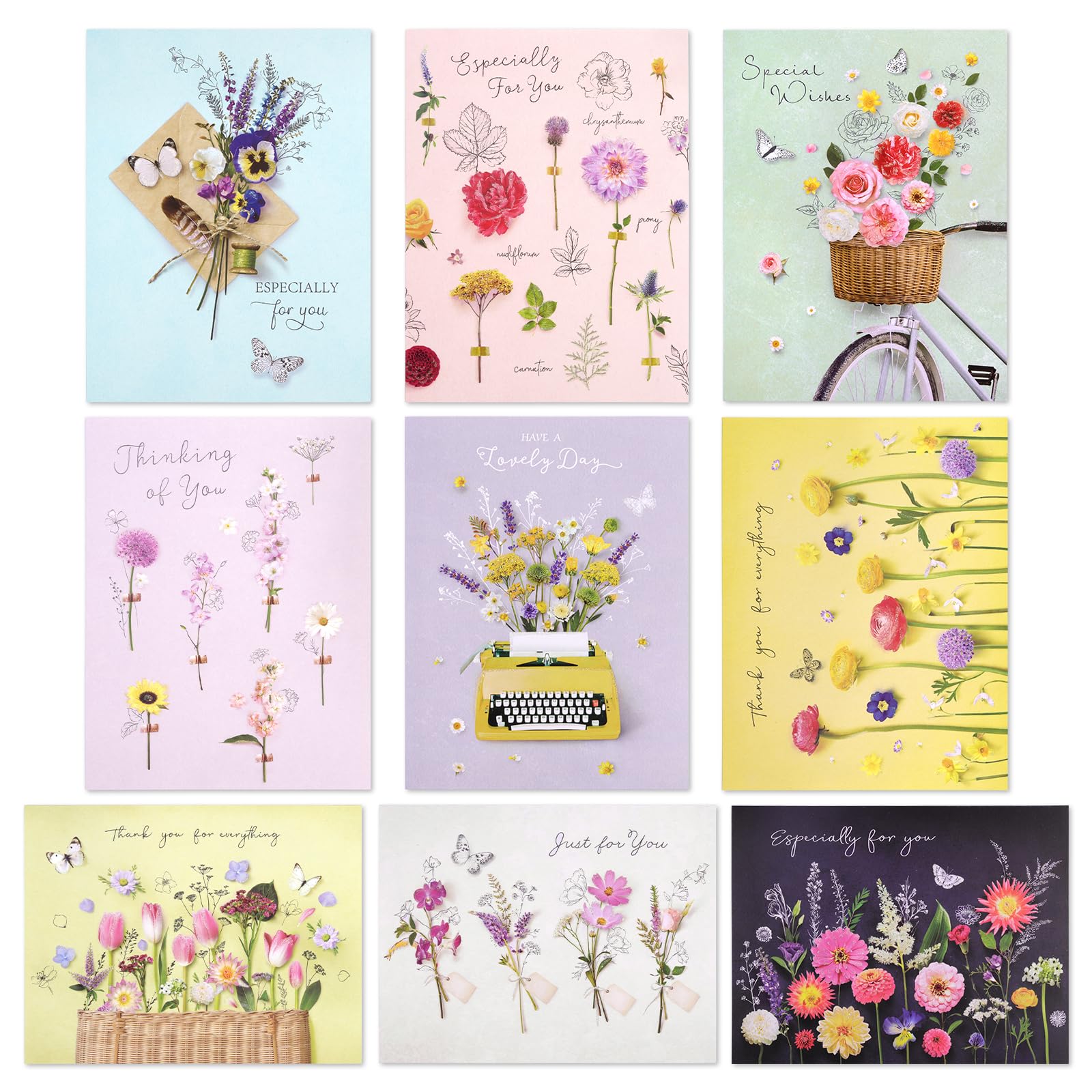 9 Pack Glitter Floral Thank You Appreciation Cards with Matching Envelopes