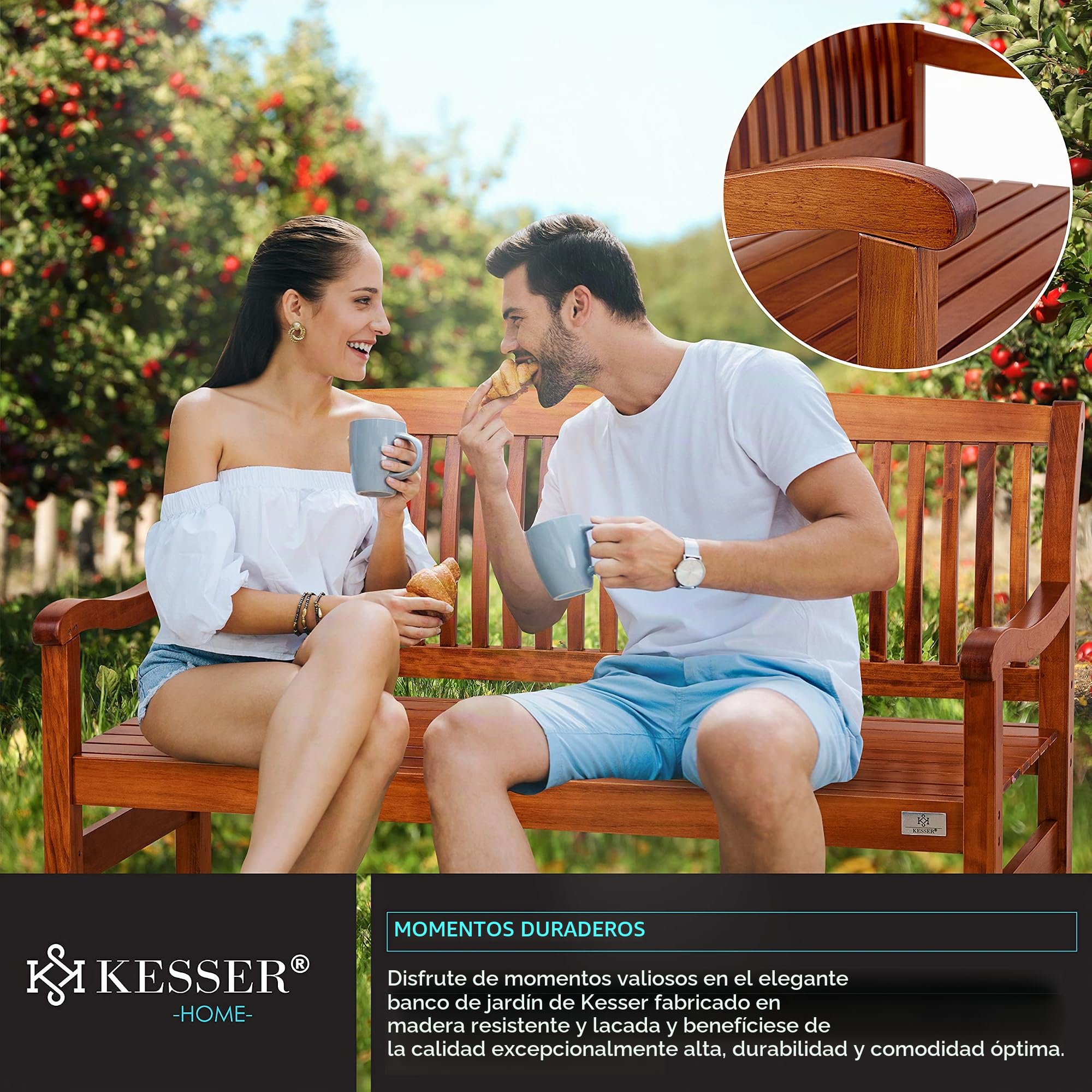 KESSER® Banco de jardín de madera resistente a la intemperie, 150 cm, banco de madera para jardín, 3 – 4 plazas, banco de exterior, banco de balcón de madera maciza, banco de parque, soporta 320 kg