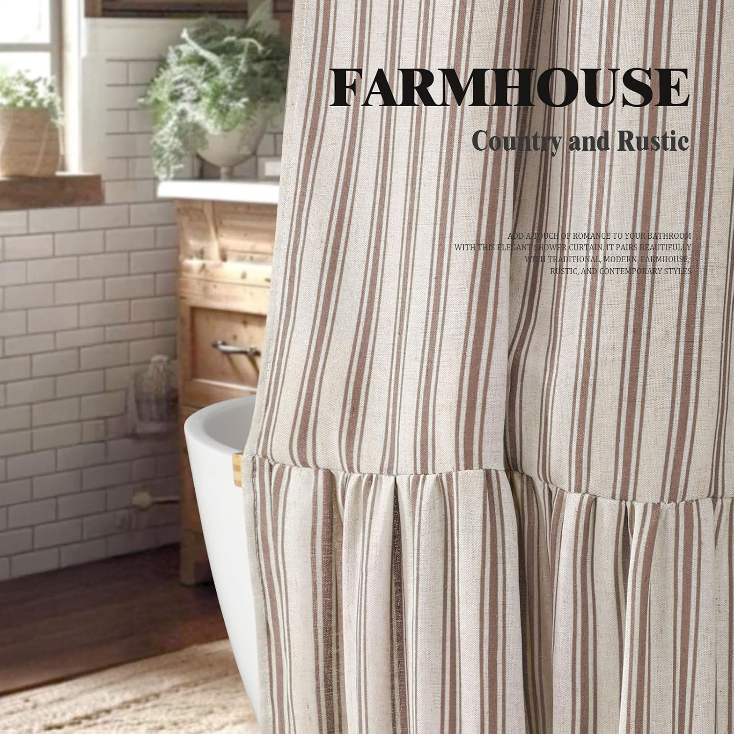 farmhouse shower curtain with ruffle hem linen shower curtains for bathroom country vintage rustic natural fabric, cream-brown stripe 72" w x 72" l cream-brown stripe 72"w x 72"l