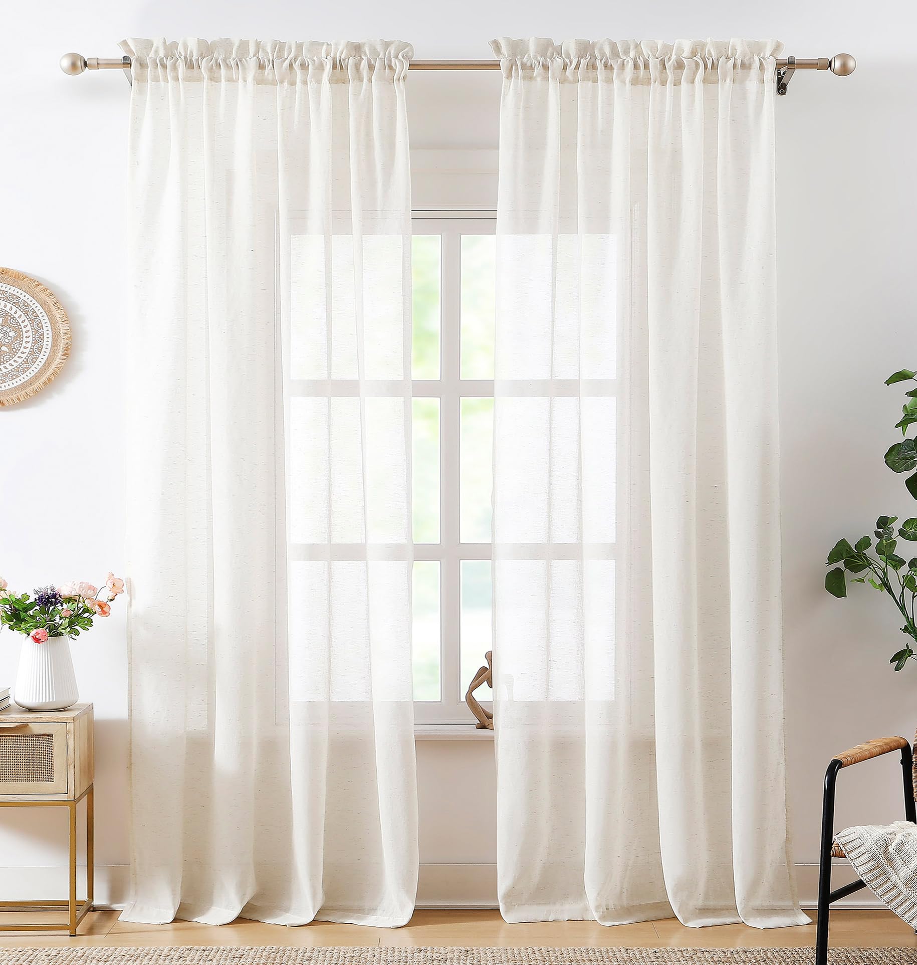Treatmentex Flax Sheer Linen Curtains for Living Room 84inch Long Beige Natural Flax Blend Sheer Window Drapes for Bedroom, Farmhouse, Casual Rod