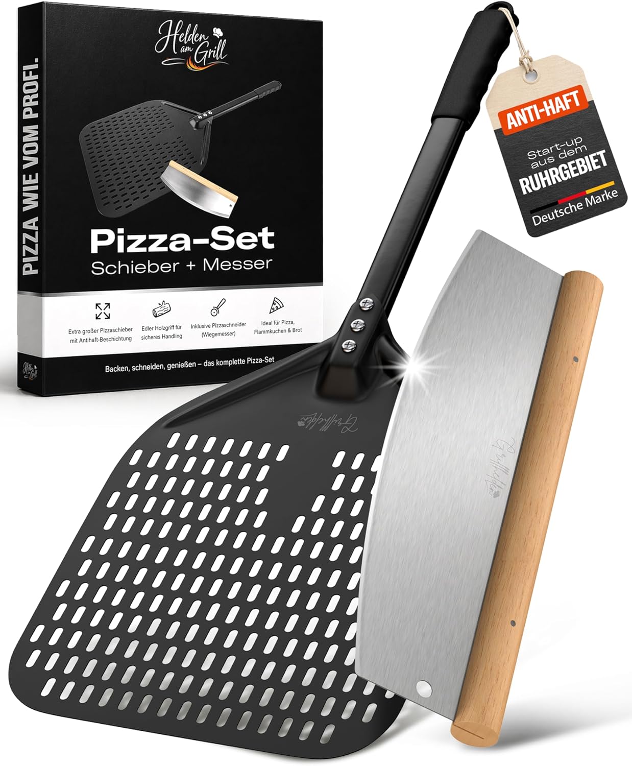 Pizzaschieber Set mit Pizzaschneider - großer perforierter Pizzaschieber mit Antihaft-Beschichtung - Pizzamesser Wiegemesser mit Holzgriff - Pizza Zubehör für Backofen und Pizzaofen