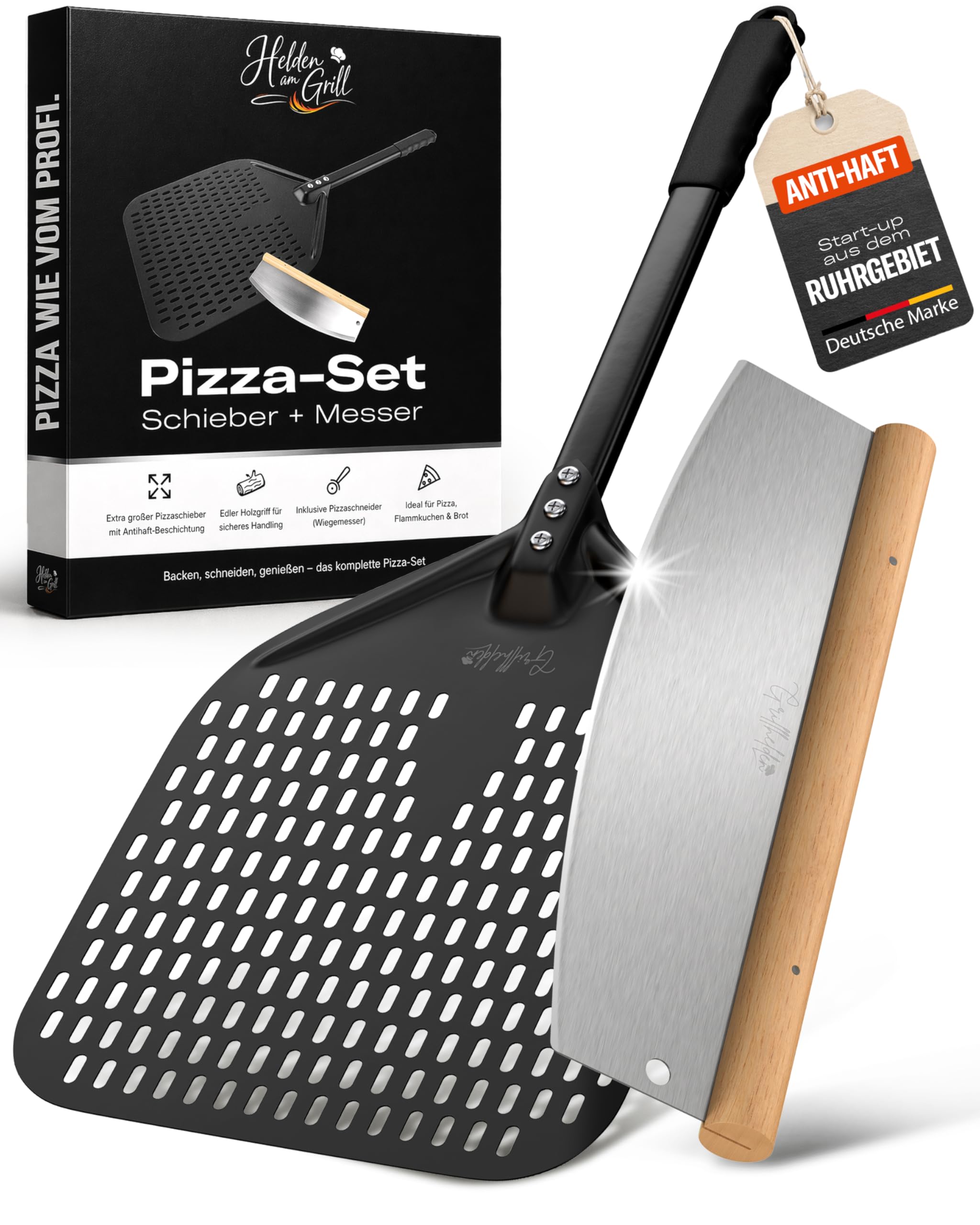 Pizzaschieber Set mit Pizzaschneider - großer perforierter Pizzaschieber mit Antihaft-Beschichtung - Pizzamesser Wiegemesser mit Holzgriff - Pizza Zubehör für Backofen und Pizzaofen