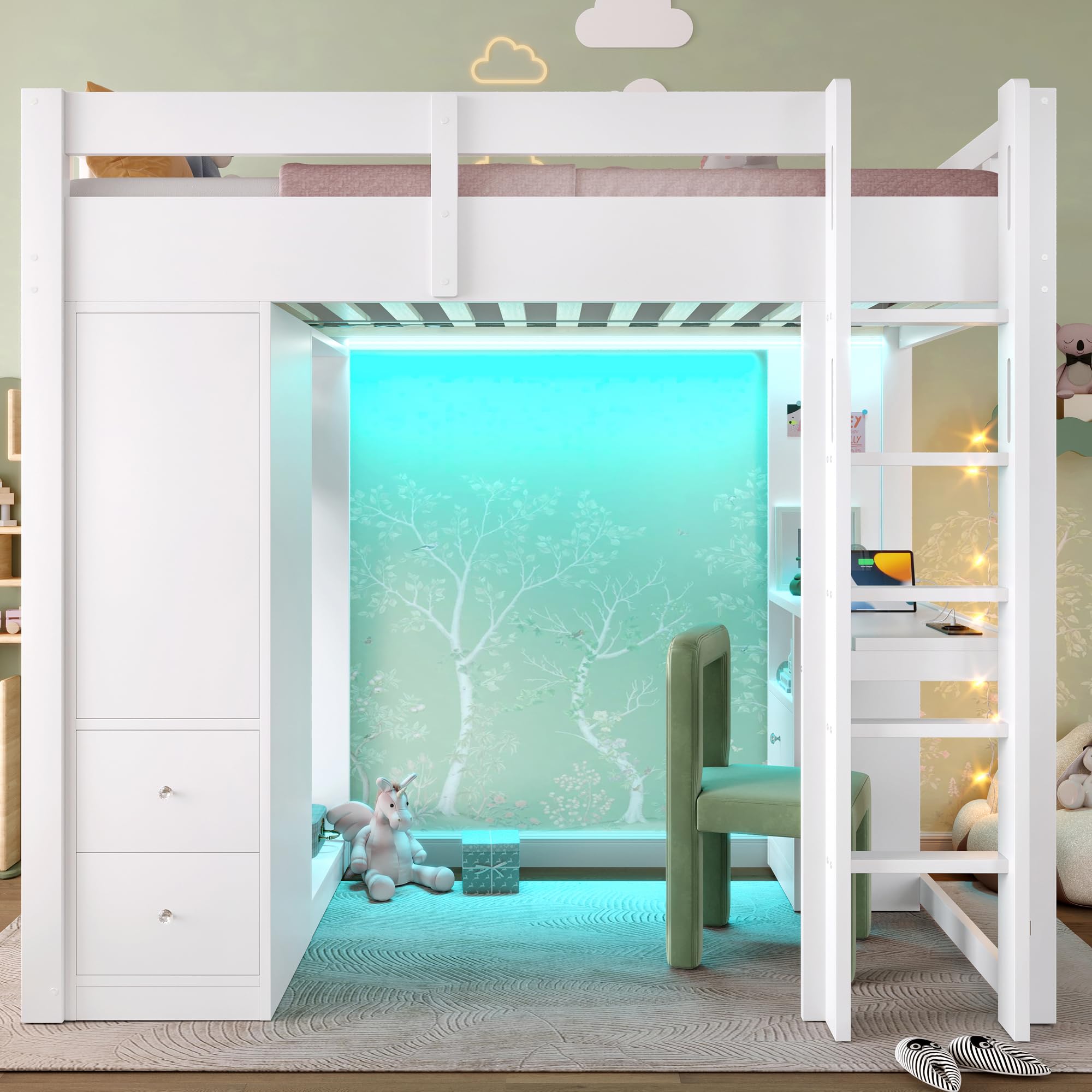 Letto a soppalco 90 x 200 cm, con 4 cassetti e 1 armadietto, sotto il letto, armadio aperto, luce LED e USB, bianco (90 x 200 cm)