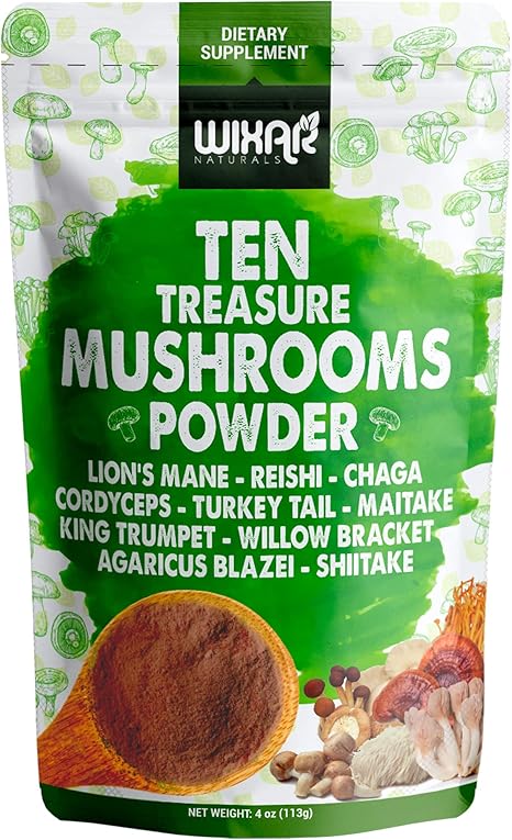 Wixar Mushroom Powder - Ten Treasure Mushrooms Extract Supplement Blend for Coffee & Smoothies - Lions Mane, Turkey Tail, Reishi, Chaga, Shiitake, Cordyceps, Complex - 4oz Mushroom Supplement