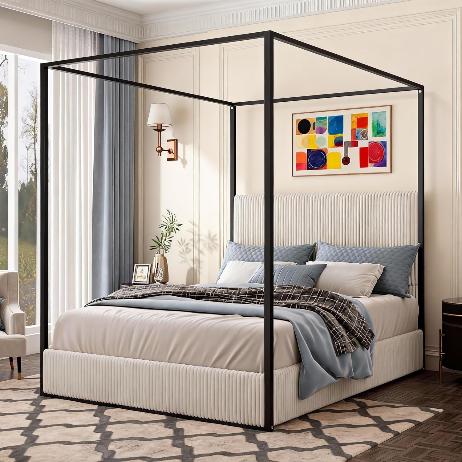 Modern 4-Poster Canopy Platform Bed Queen Size with Tall Upholstered Headboard, Metal Canopied Design Platform Bed Frame with Strong Slats Support, No Box Spring Needed (Beige, Queen)