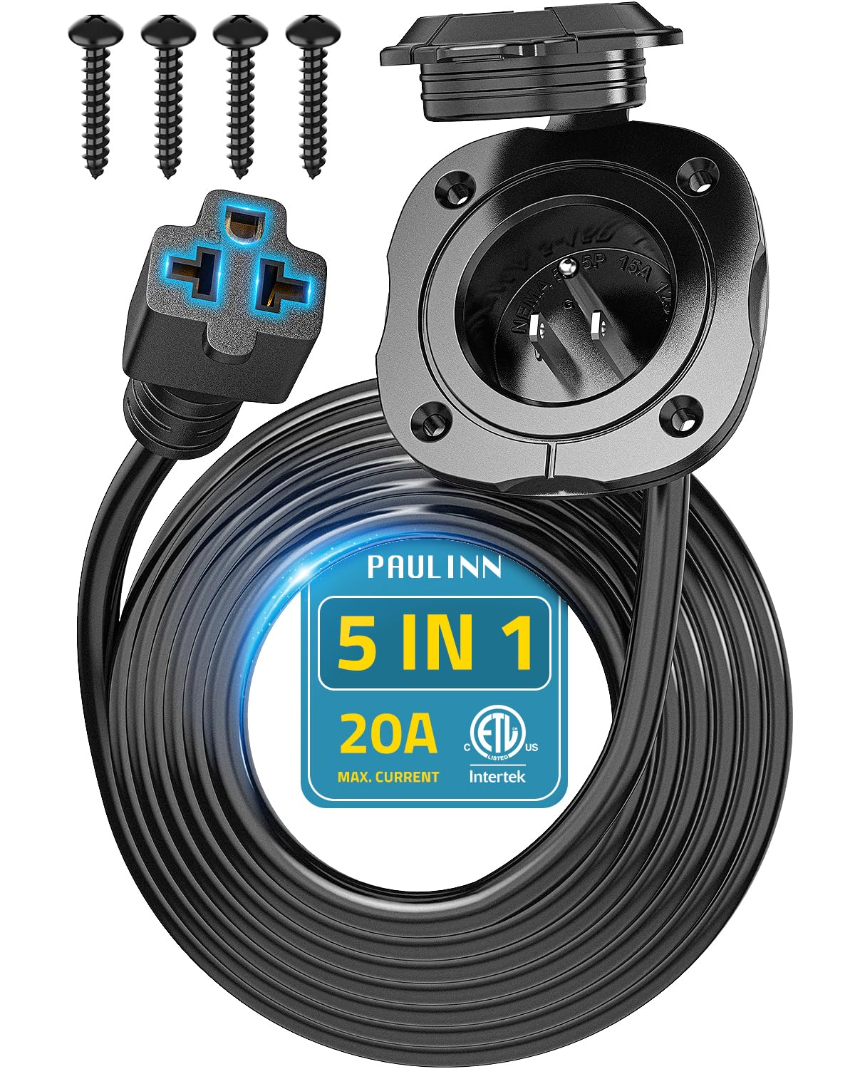 PAULINN 20A 125V RV Shore Power Inlet Plug W/ 12 FT Extension Cord, 12AWG AC Port Plug w/ 5-in-1 T-Blade Adapter, Waterproof AC Power Inlet Socket Outlet Receptacle for RV, Truck, Boat, Generator