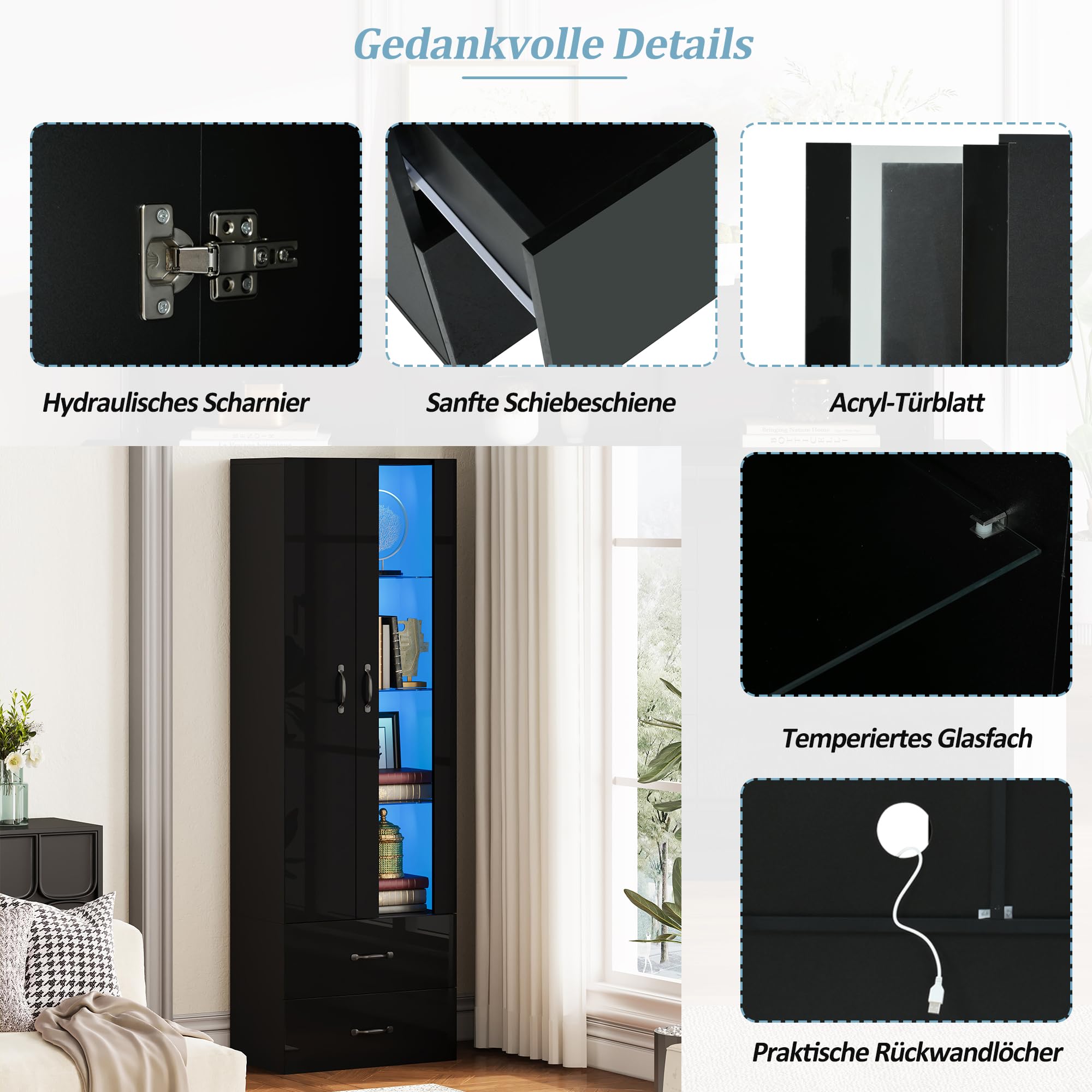 Vitrina de pie con 2 puertas y 2 cajones, vitrina de cristal con iluminación LED, armario multifunción para armario de salón y comedor (negro, 60 x 35 x 182,5 cm)