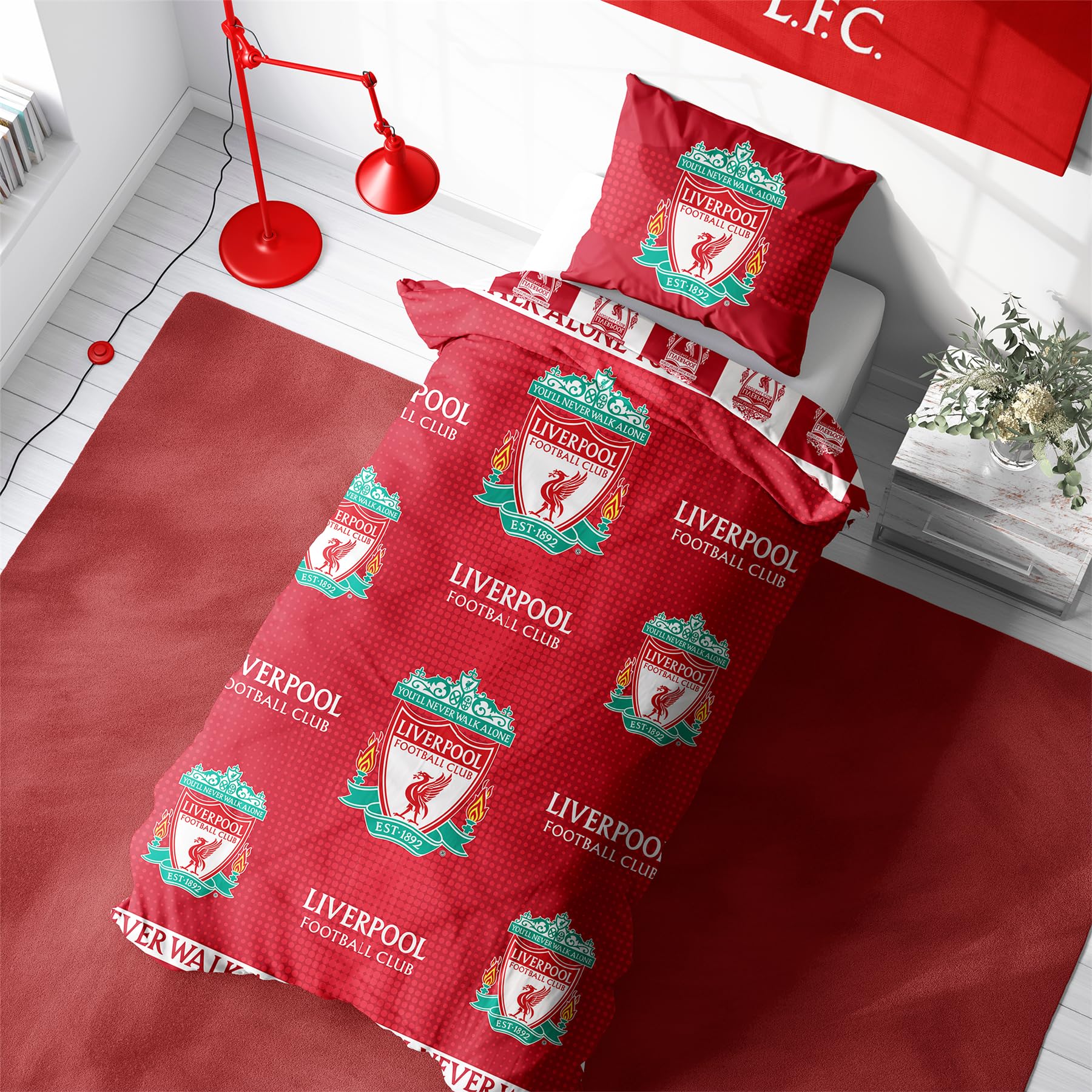 K Collection Liverpool Single Duvet Cover Set, Crest Design | Reversible 2 Sided Football Bedding Cover Official Merchandise Including Matching Pillow Case