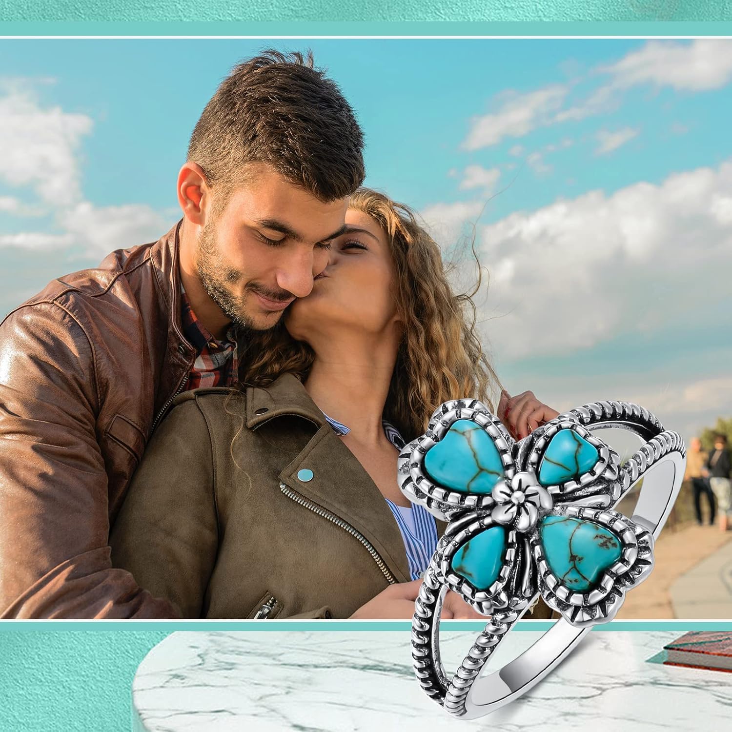 Turquoise/Moonstone Cross Ring Sterling Silver Natural Turquoise Flower Ring Navajo Tribes Style Ring for Women Her Wife - Image 4