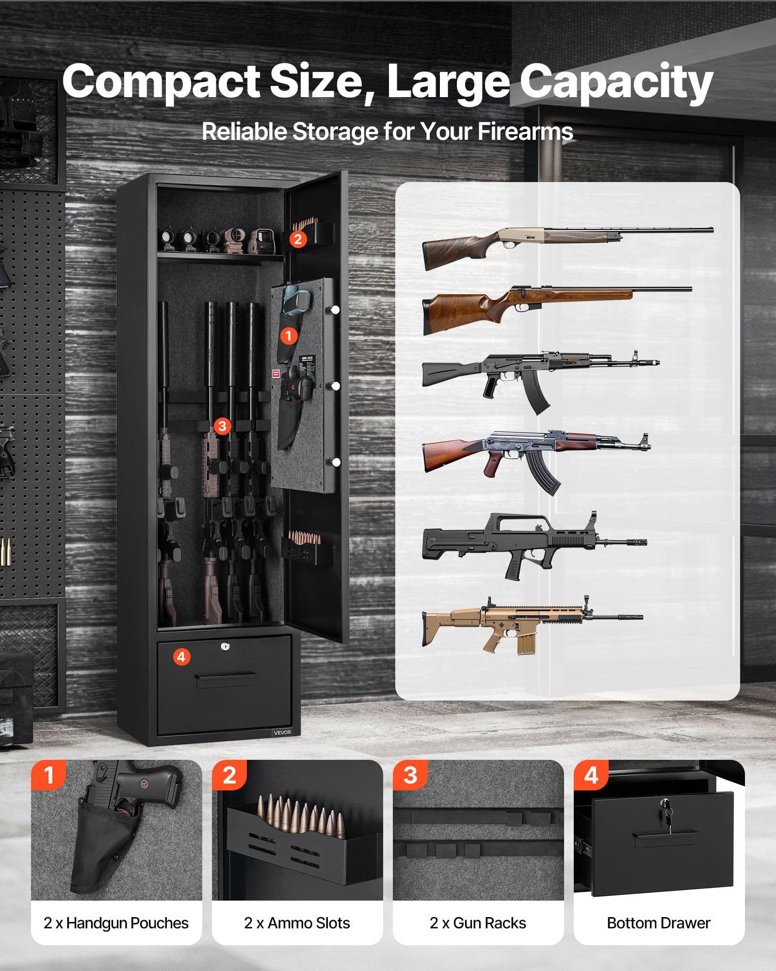 VEVOR Armario para Armas Largas con Cerradura con Contraseña, Caja Fuerte para 4 Rifles, 405 x 280 x 1400 mm