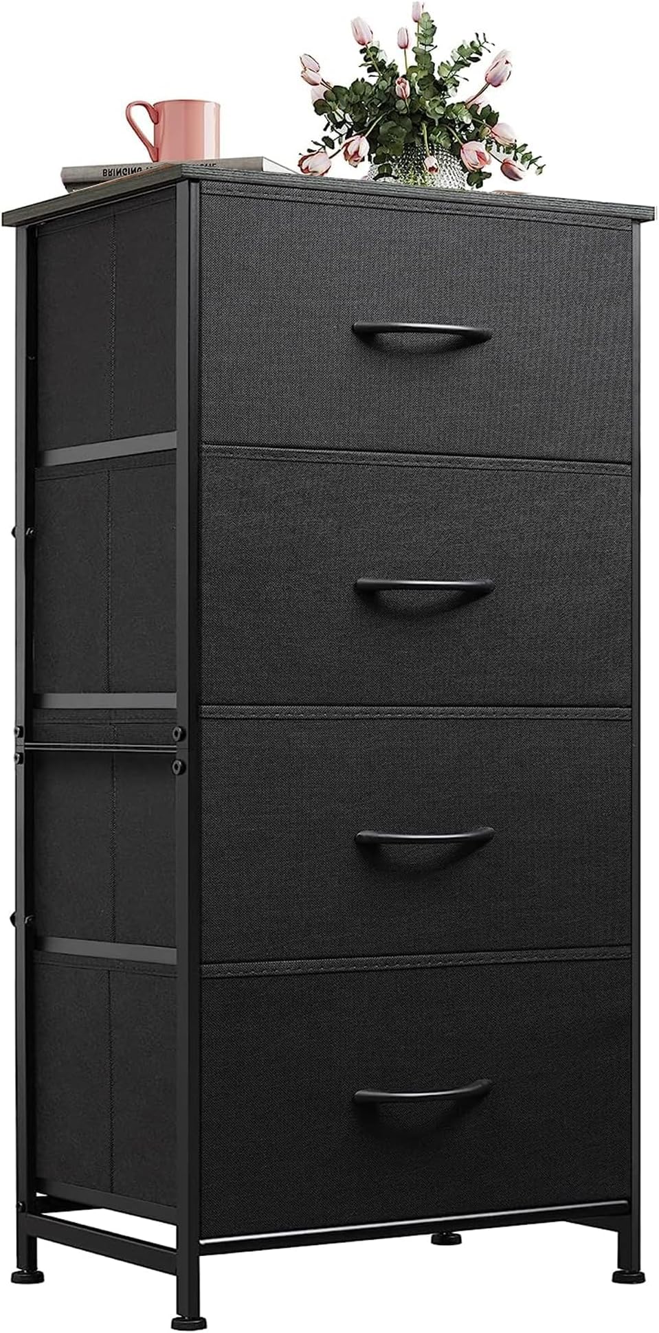 WLIVE Dresser with 4 Drawers, Fabric Storage Tower, Organizer Unit for Bedroom, Hallway, Entryway, Closets, Sturdy Steel Frame, Wood Top, Easy Pull Handle, Charcoal Black
