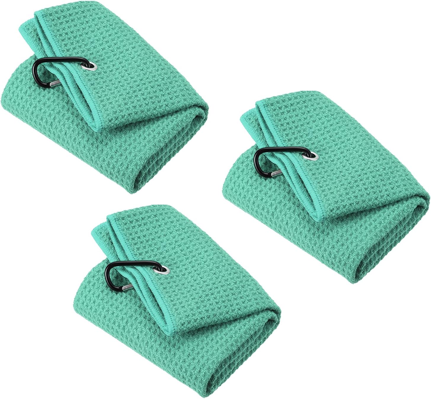 PATIKIL 16"x16" Tri-Fold Golf Towels, 3 Pack Waffle Pattern Towels Soft Fiber Strong Water Absorption with D Clip for Golf Lovers, White