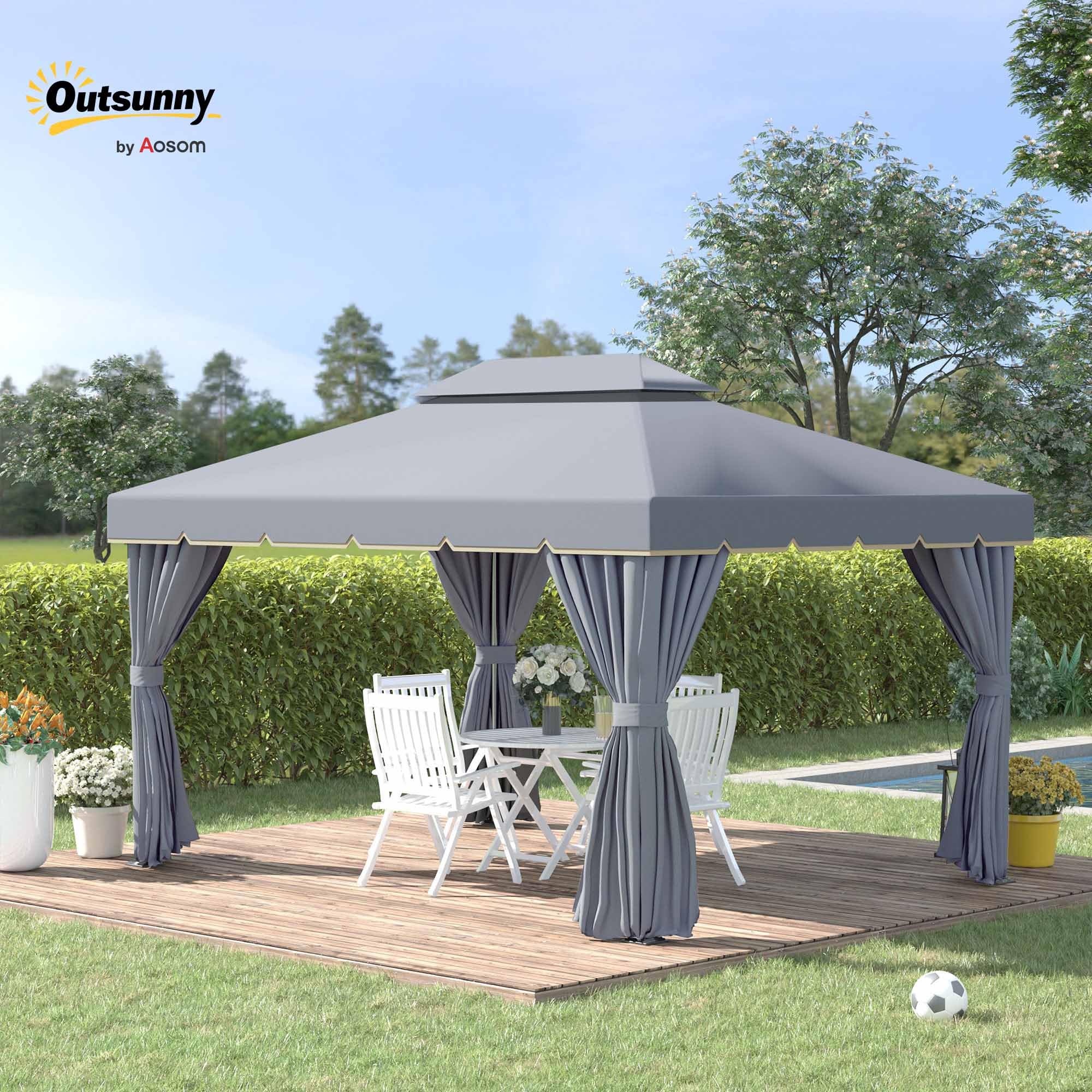 Outsunny Tonnelle de Jardin Extérieur Barnum Toit Double 4x3m Gris | Rideaux et Moustiquaire, Tente de Réception en Aluminium, pour Terrasse Patio Mariage Baptême