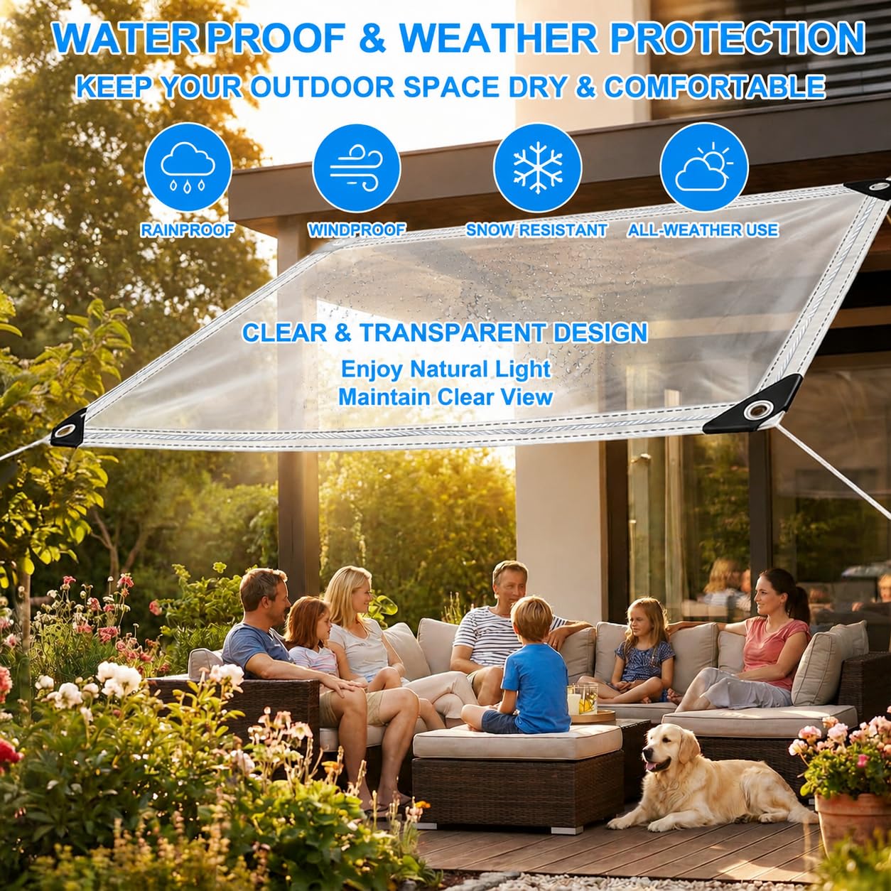 Telone Trasparente Impermeabile 2.4x3 m – PVC 240GSM Resistente UV & Strappo, Occhielli Rinforzati, con Corda, Fascette e Sacchetto – Giardino, Pergola, Pollaio, Campeggio