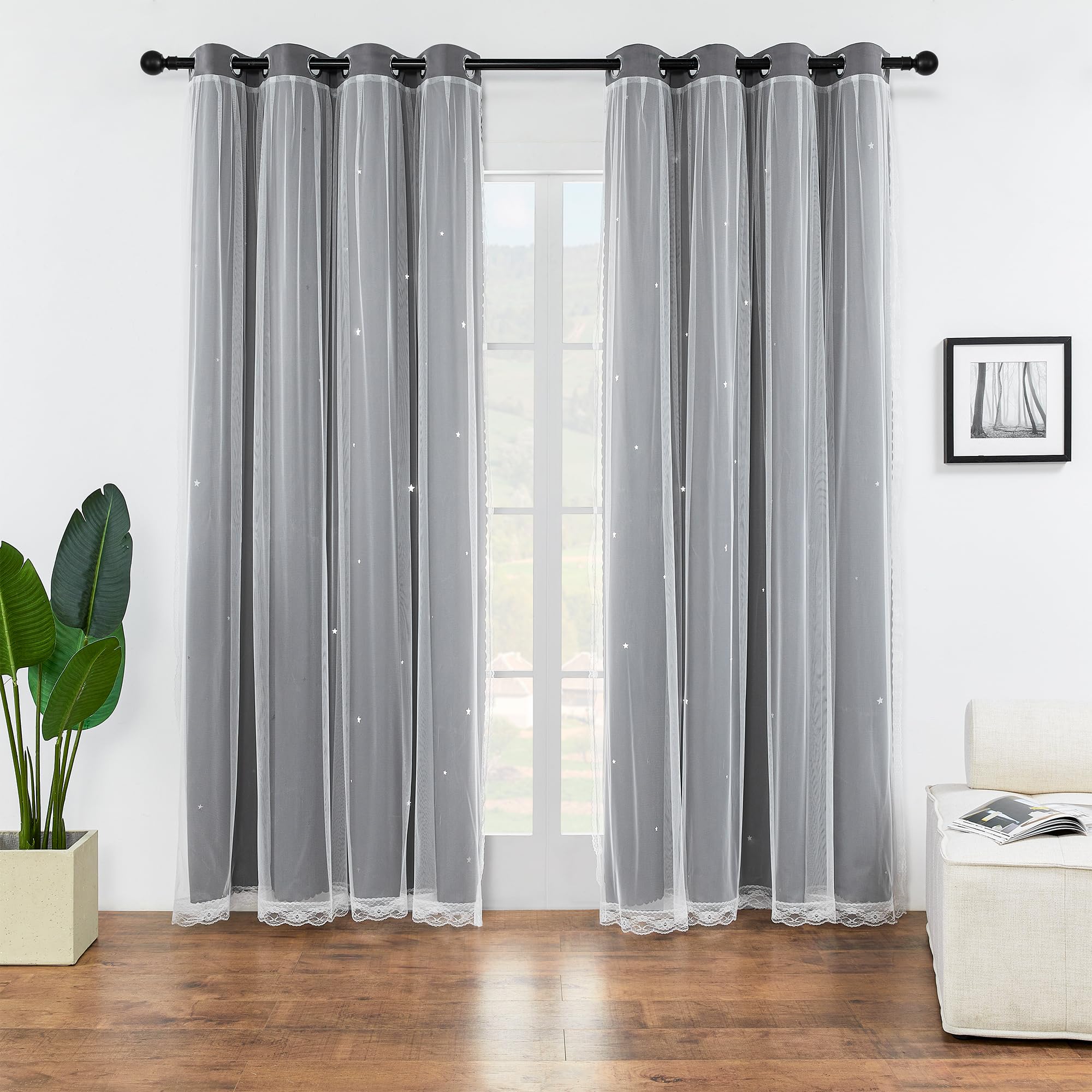 XiDi Girls Curtains for Bedroom with Star, Ideal for Kids Room with Unicorn Theme, Blackout Curtains for Living Room Princess Room Deco 96 inchs Long 52 inches Wide 2 Panel Grey