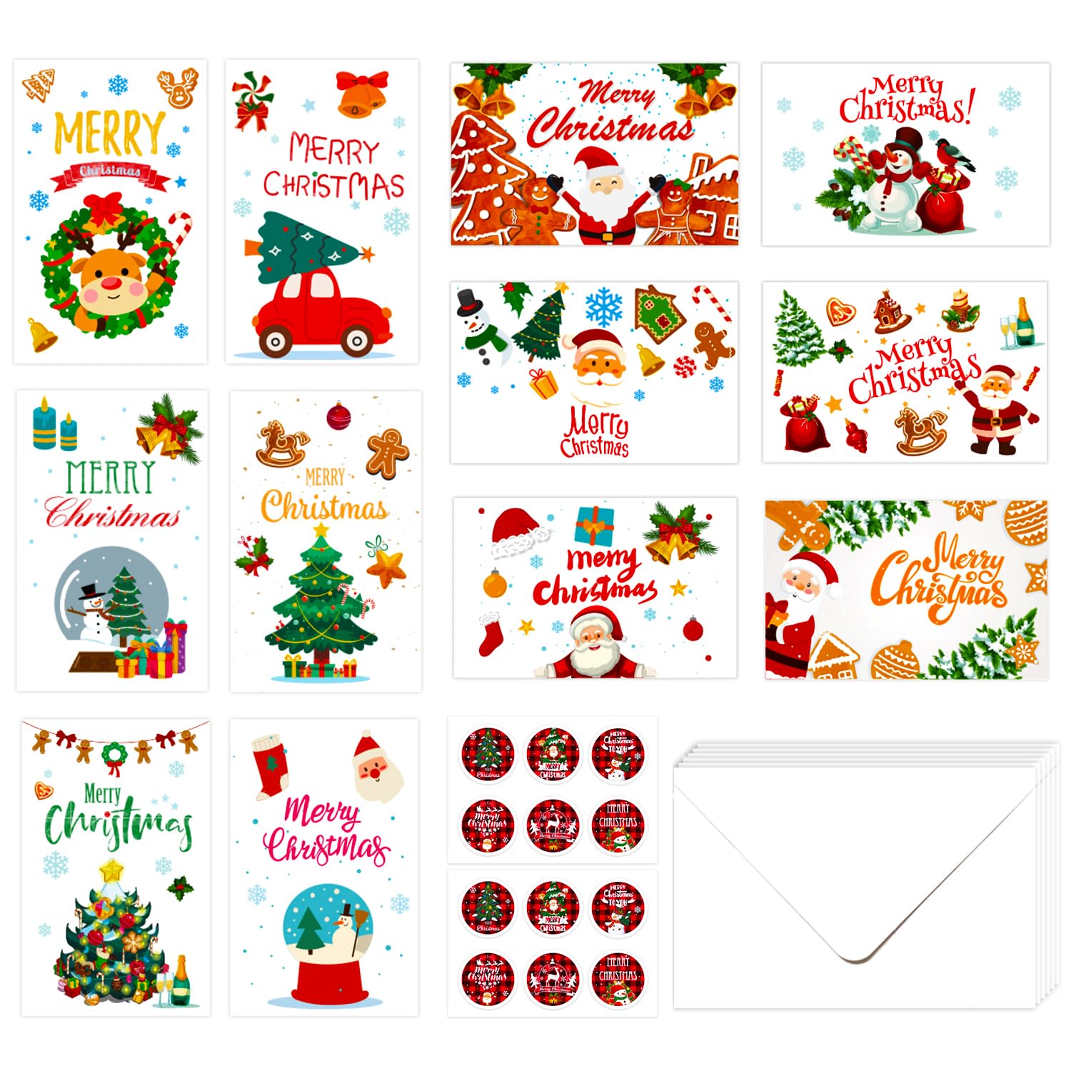Tarjetas de felicitación de Navidad, paquete de 24 tarjetas de regalo de Navidad hechas a mano con sobres y calcomanías, 12 diseños para Navidad familiares y saludos de vacaciones