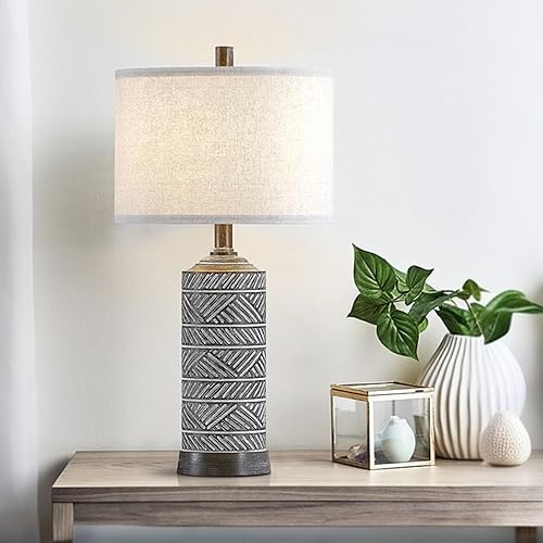 Miniatura 3 de Juego de 2 lámparas de mesa de resina de 23.5 pulgadas pintadas de madera de nogal profundo con acabado de patrones blancos (bombillas incluidas)