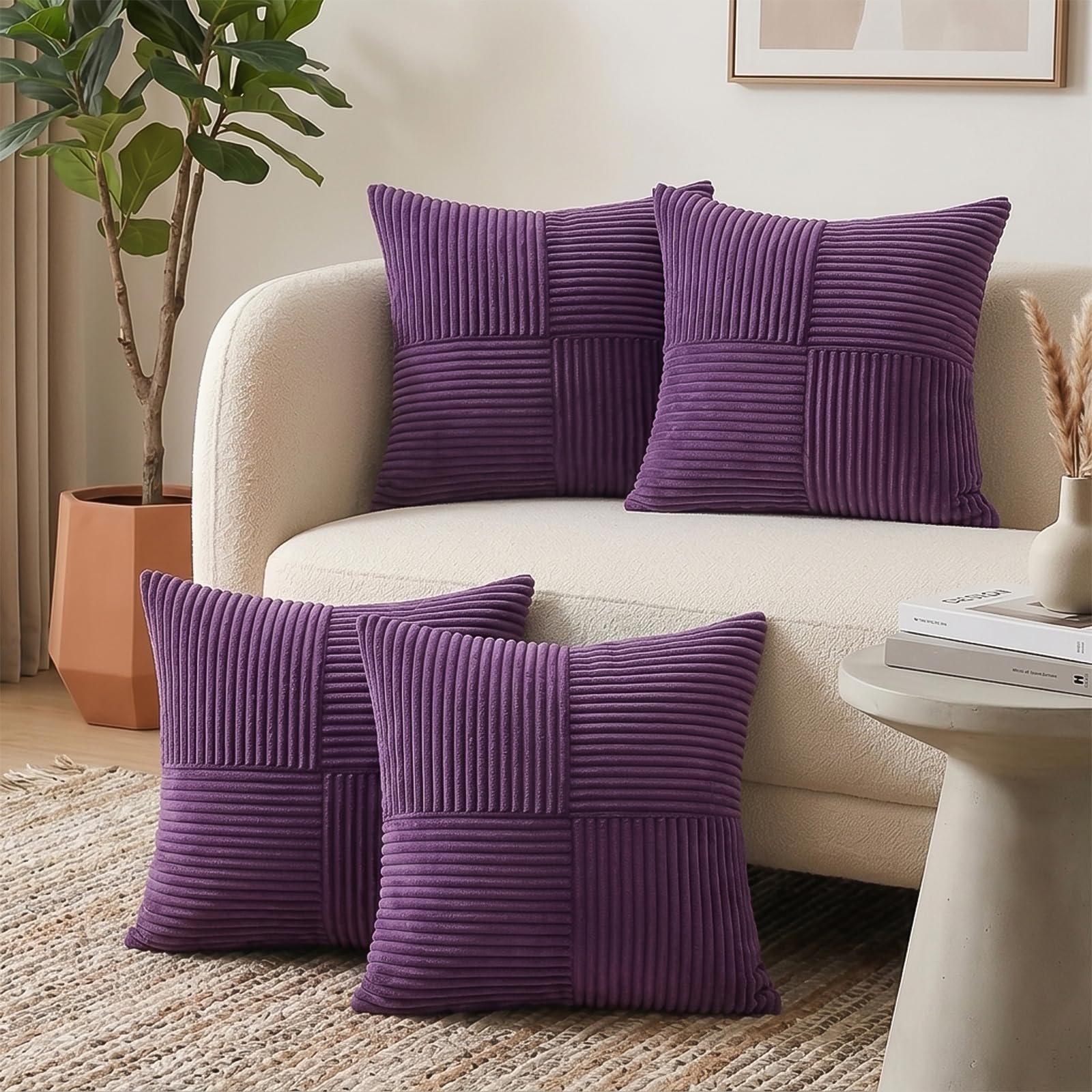 Sungeek Purple Decorative Cushion Covers Set of 4 Soft Corduroy Striped Cross Patchwork Textured Pillow Cover Solid Boho Farmhouse Throw Pillow Cases for Sofa Couch Bedroom Living Room 45x45cm