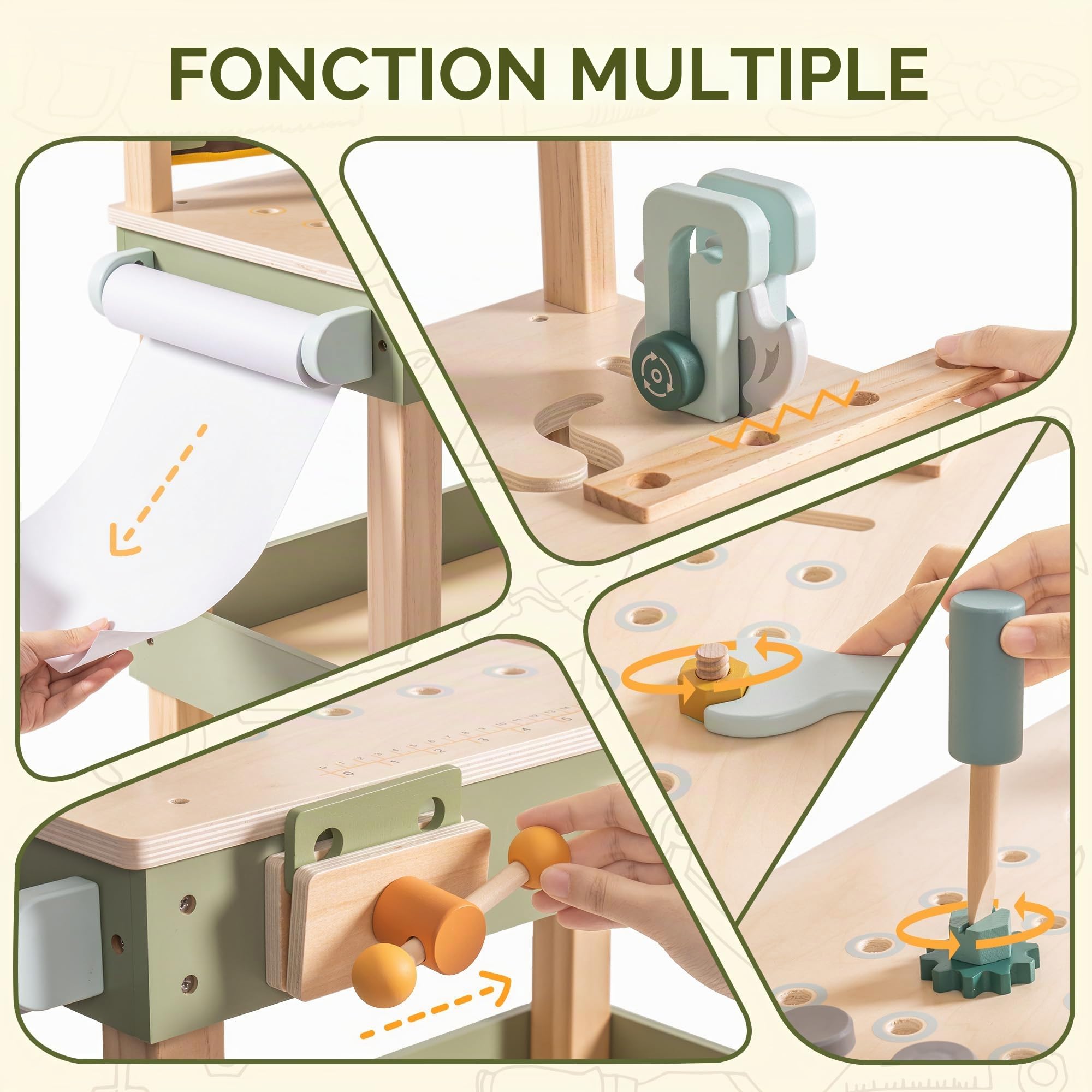 ROBOTIME Banc à outils en bois pour enfants avec outils et papier à dessin, à partir de 3 ans