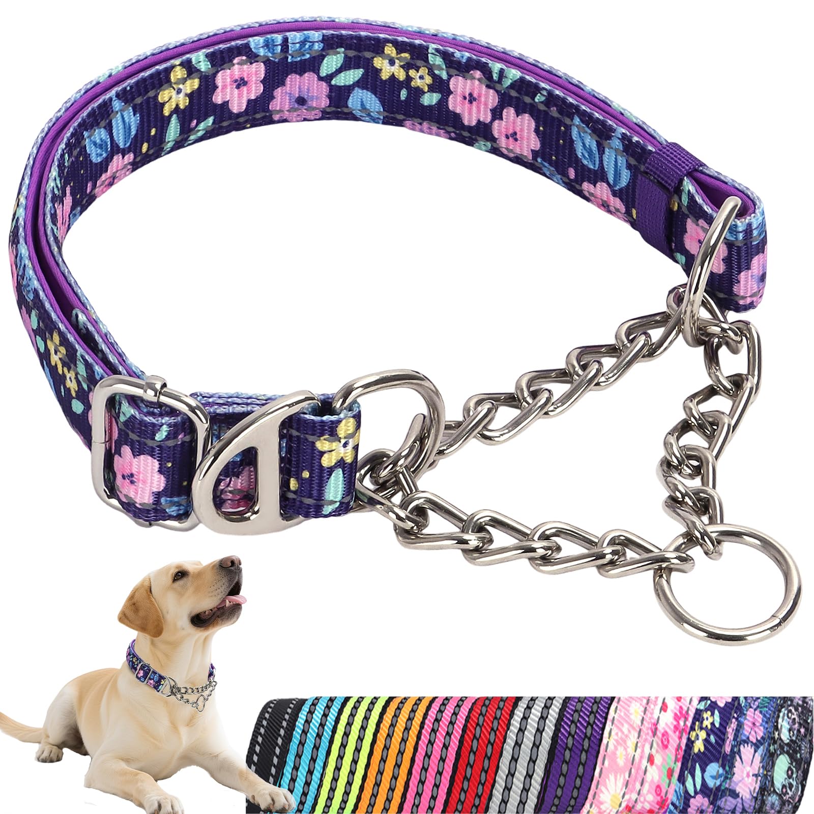 Reflective Martingale Dog Collar with Chain - Comfortable & Safe Choke Dog Collar for Medium Large Extra Large and XXL Dogs Trainer Recommended Collar
