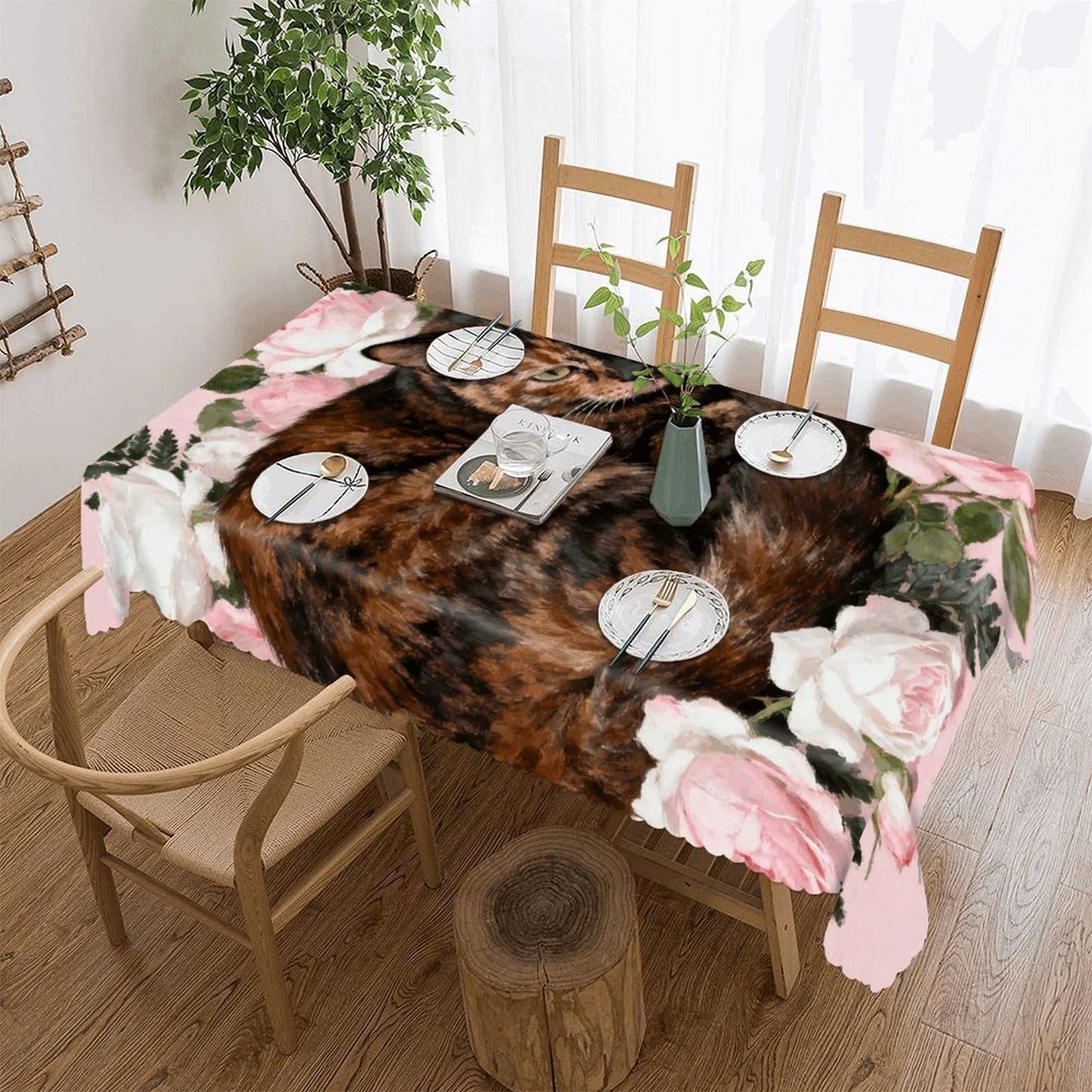 Nappe de table rectangulaire chat écaille de tortue roses linge de table jardin lavable