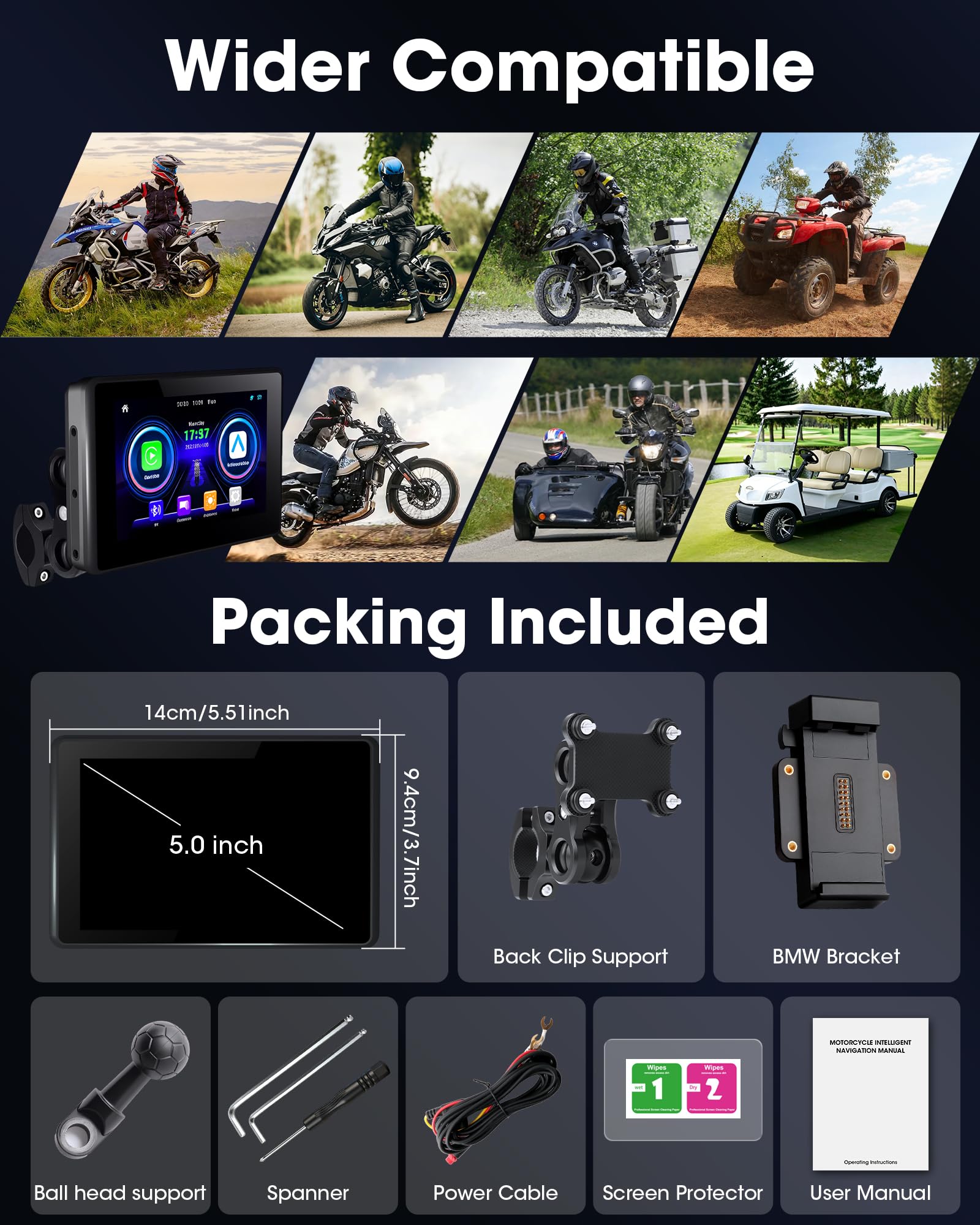 100% Universell Motorrad Carplay mit Netzteilhalterung Motorrad Navigationsgeräte mit Motorrad Navi CarPlay & Android Auto Wasserdichter 5-Zoll-Motorrad-Touchscreen,Plug & Play,1000 nit