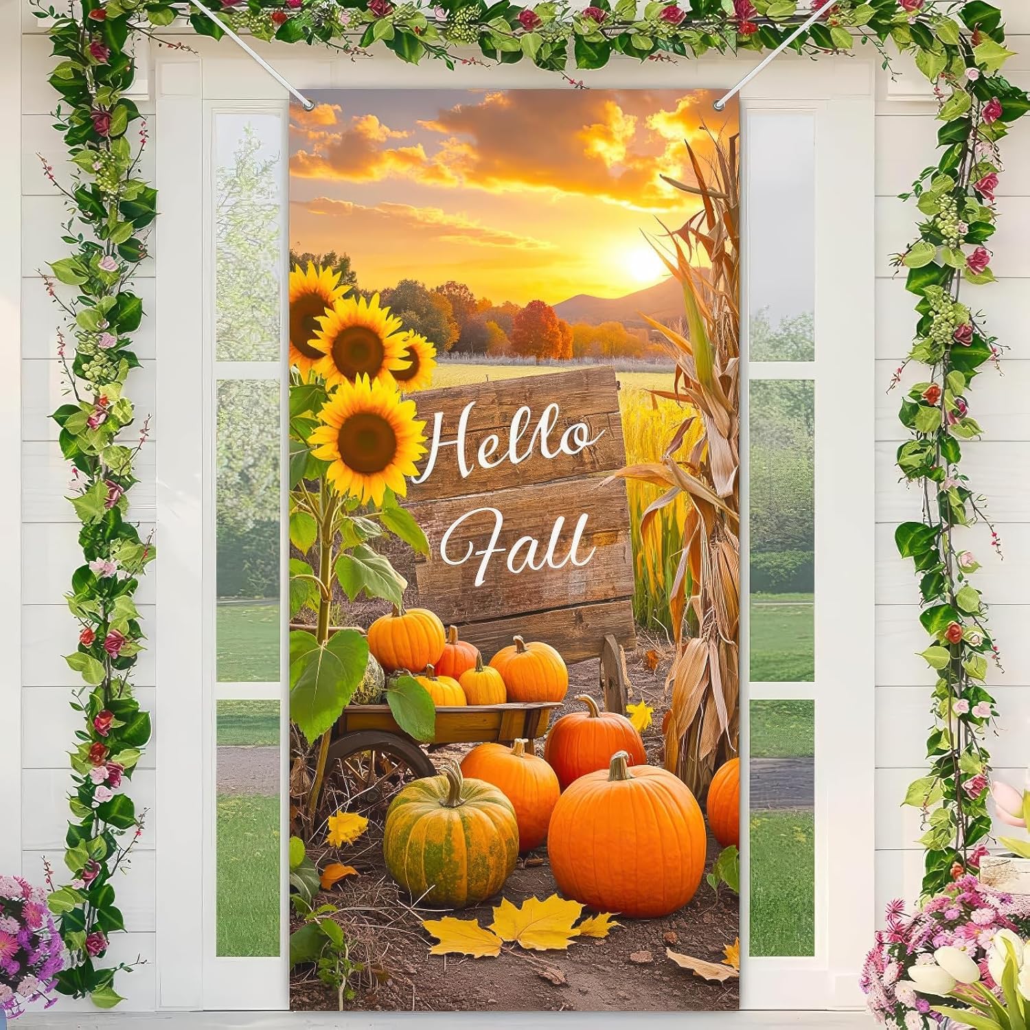 Hello Fall Door Cover Thanksgiving Backdrop Pumpkin Sunflower Wagon Field 71x35 Inch Rustic Autumn Banner for Porch Wall Decor Fall Harvest Photo Booth Props - Image 7