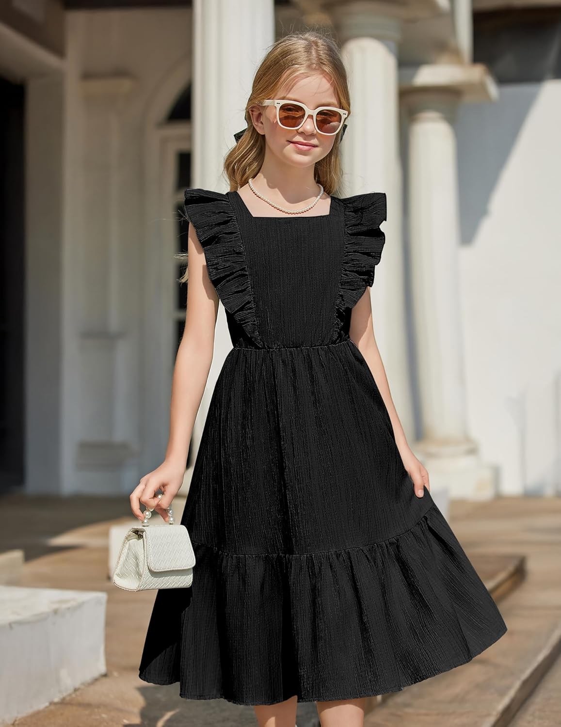 Arshiner Girls Summer Tie Back Dress Tween Boho Casual Square Neck Flutter Sleeve Maxi Dresses with Pockets - Image 5