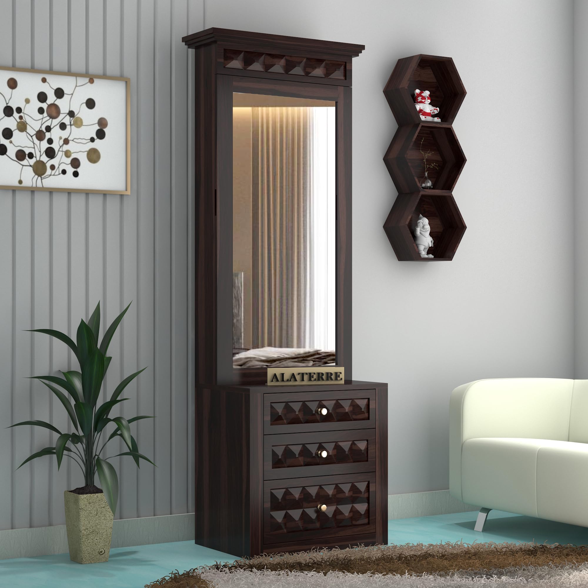DYNAMIZE ART Wood Dressing Table With Mirror and Storage, Drawer, Bedroom Furniture, Makeup Vanity Table, Walnut Finish-image-39
