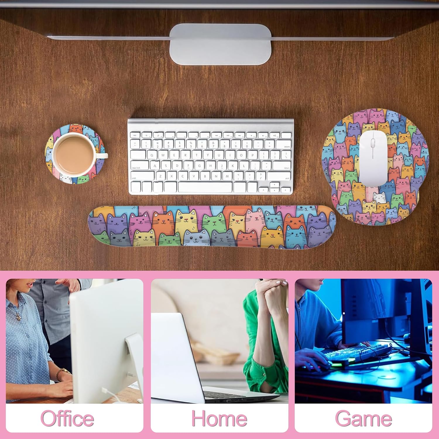 Cute Cat Mouse Pad with Wrist Rest Set, 3-in-1 Wrist Support Mousepad Set, Gaming Mat Pad with Anti-Skid Base,Ergonomic Memory Foam Mouse Pad Set for Women, Office, Typing, Gaming - Image 6