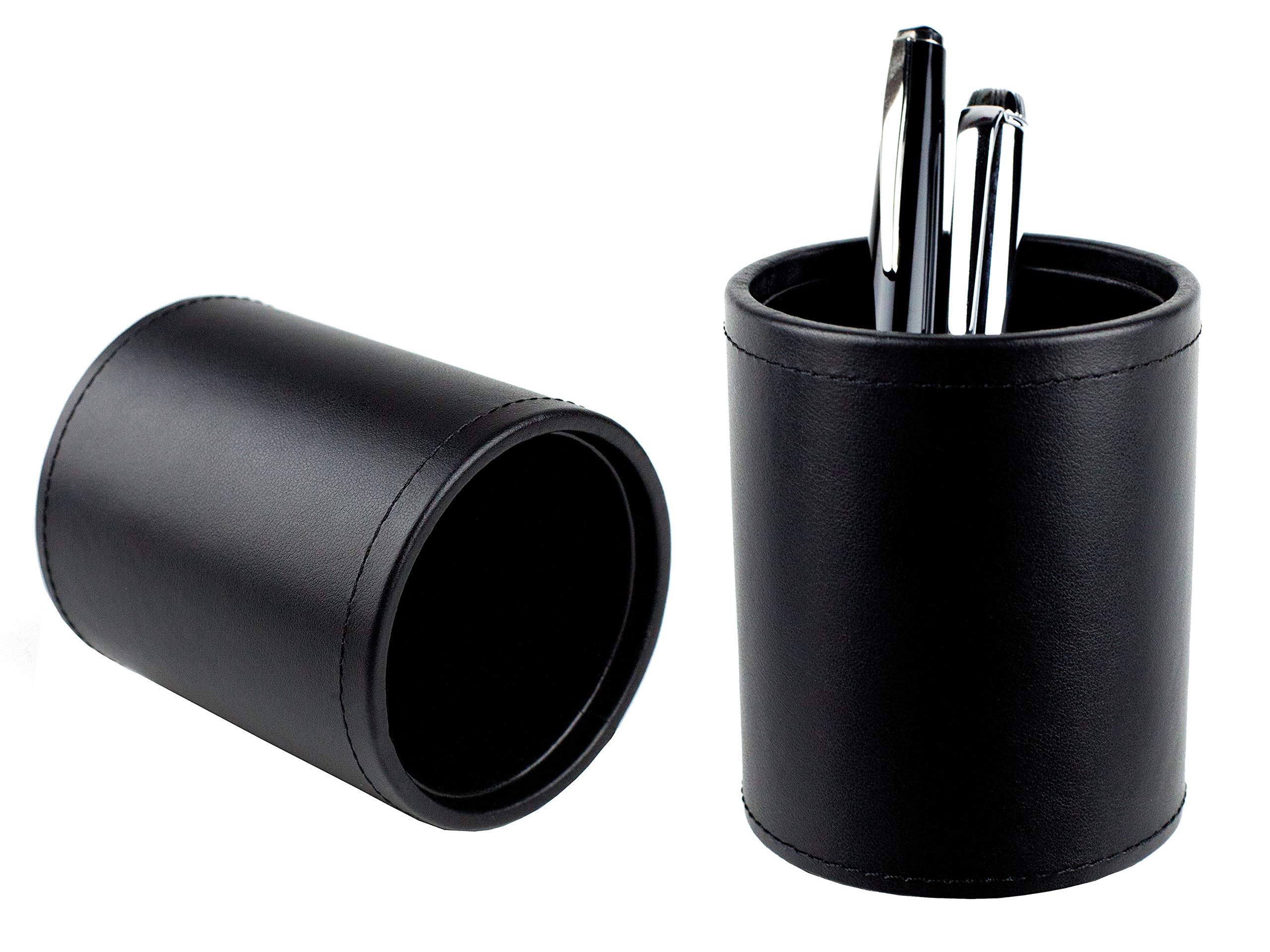 DELMON VARONE - Stifteköcher aus Premium Boxcalf Leder schwarz, Echtleder Stiftebecher mit PU Innenverkleidung und rutschfester Vliesunterseite, Eleganter Stiftehalter rund für Schreibtisch und Büro