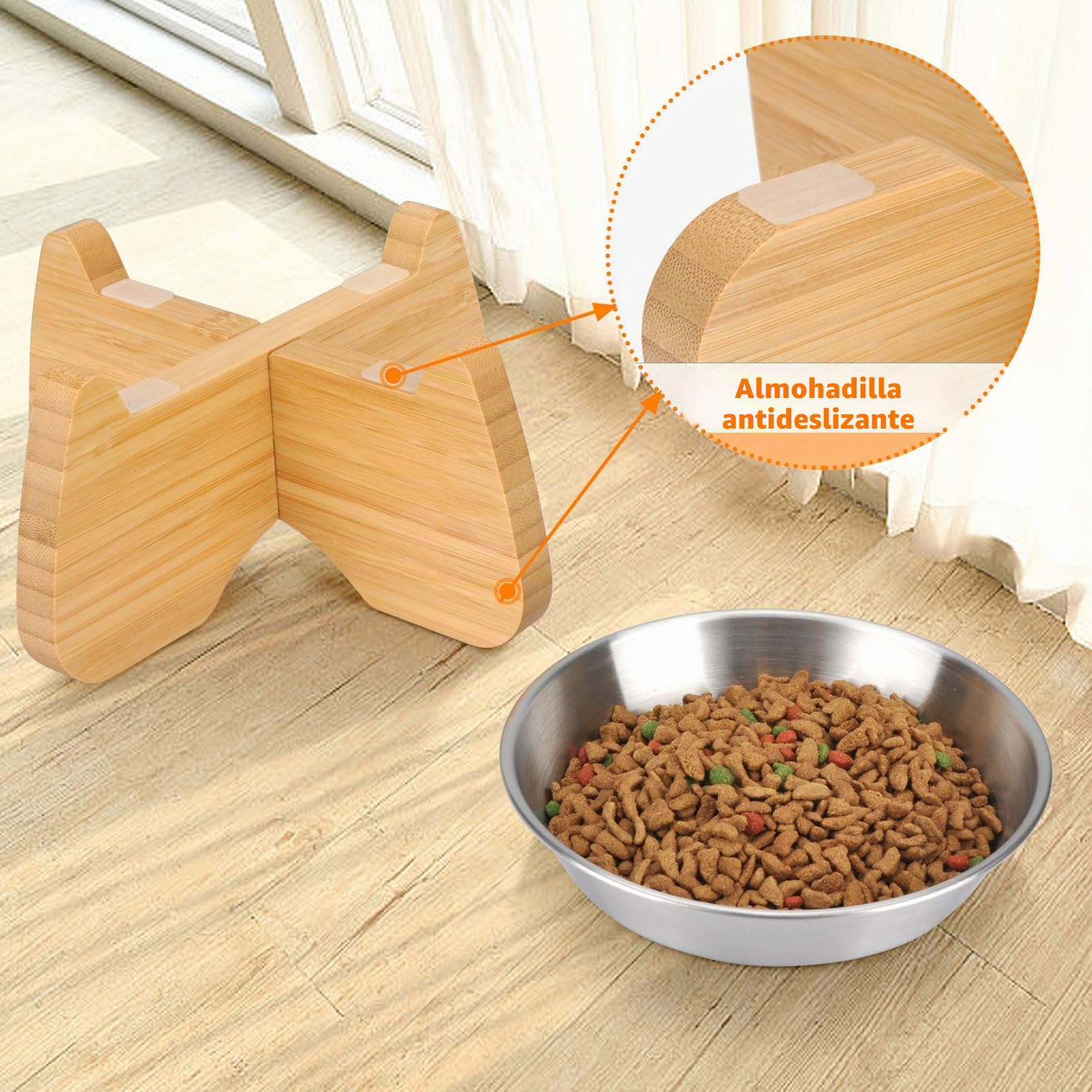 Comedero Gato Elevado Acero Inoxidable Soporte Bambú Madera Antideslizante,Platos Cuencos para Gatos Pequeño Plano Fatiga Bigote Perro para Cat Mascota Bowl Comida Agua Plateado (2 Piezas)