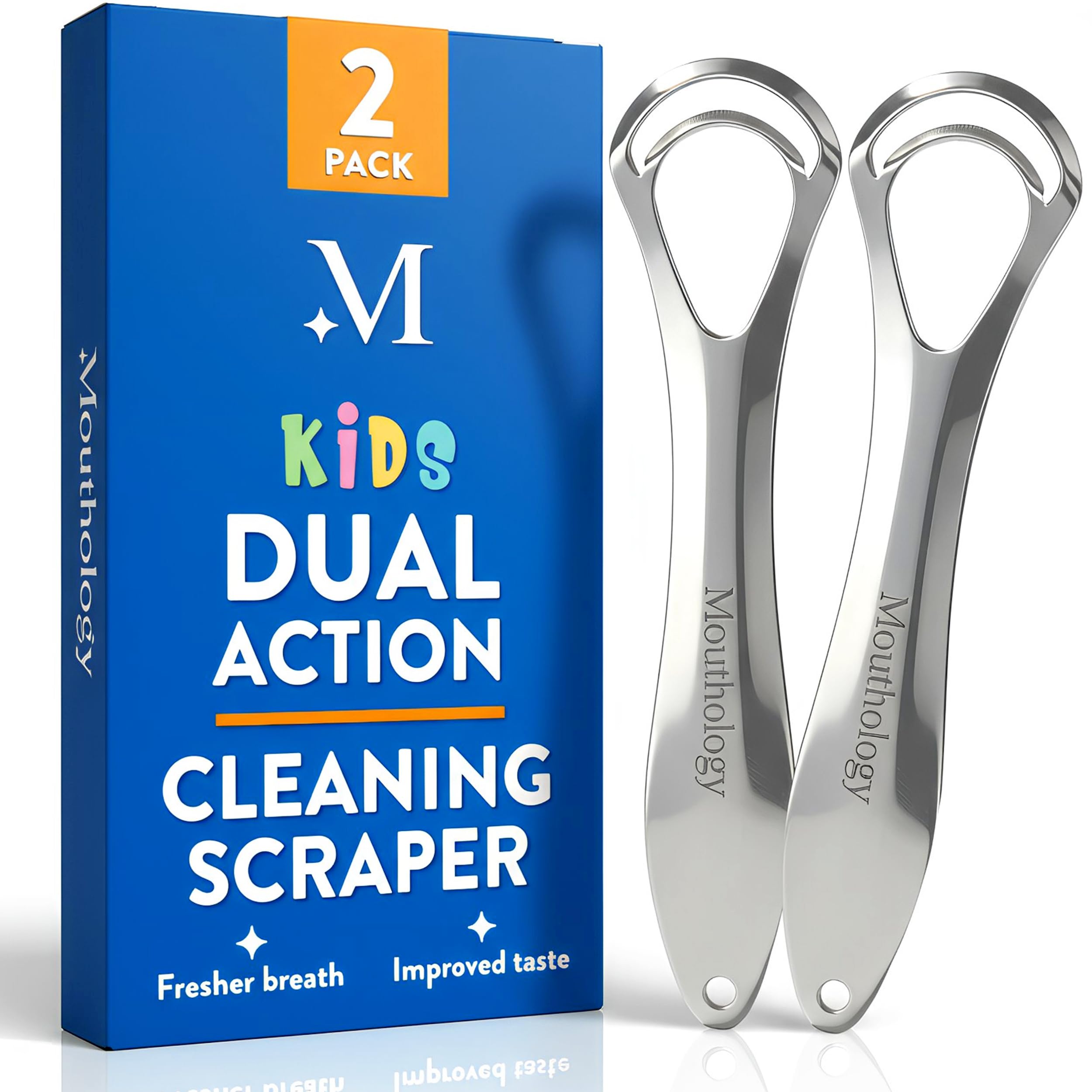 Mouthology Tongue Scraper for Kids (2 Pack), Stainless Steel Tongue Cleaner (Reduce Bad Breath), Metal Tongue Scrubber for Children, Improve Oral Health