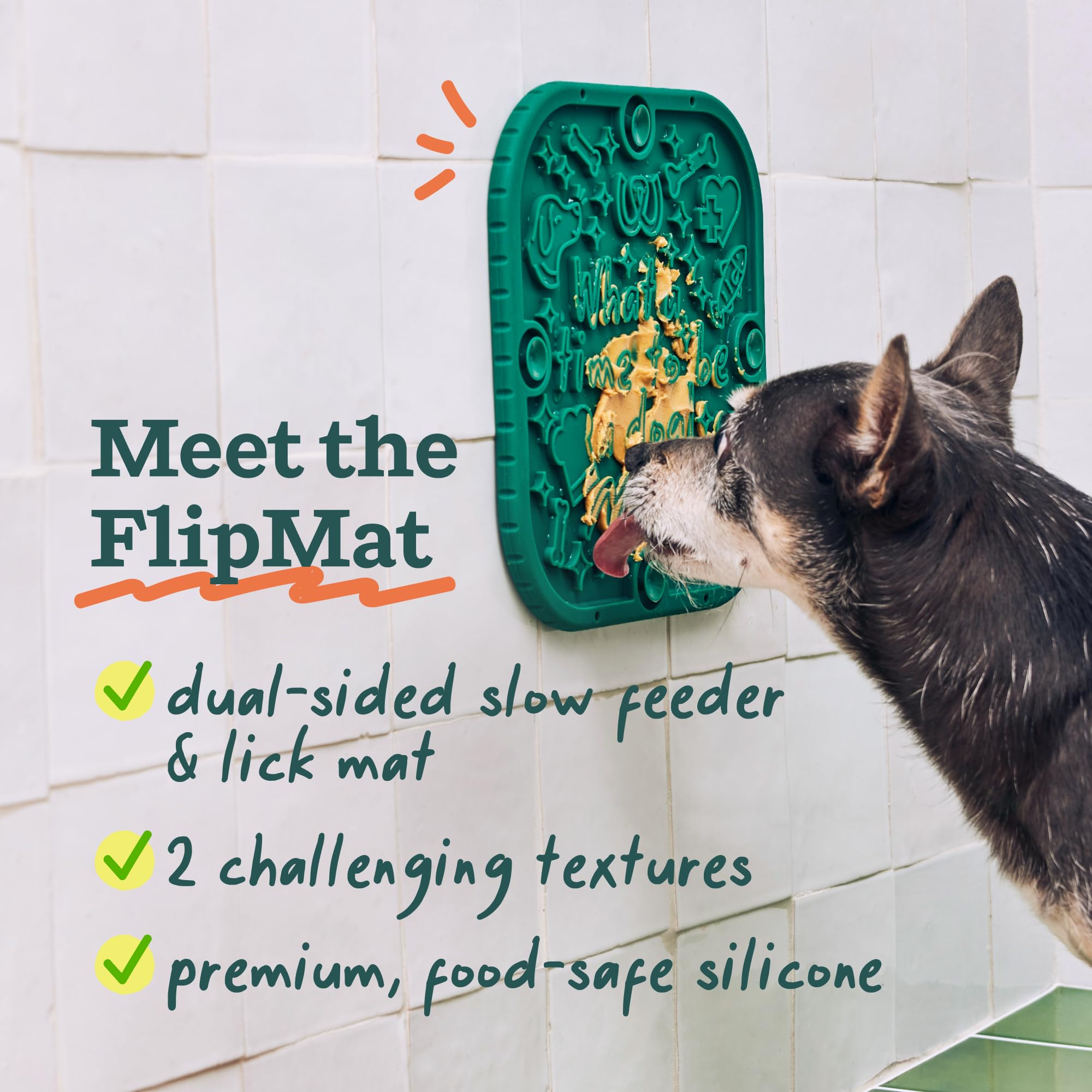 WOOF FlipMat - Tapete para lamer perros fácil de limpiar, tapete de alimentación lenta con diseño antideslizante de doble cara, silicona sin BPA, tapete para lamer, juguetes interactivos para perros