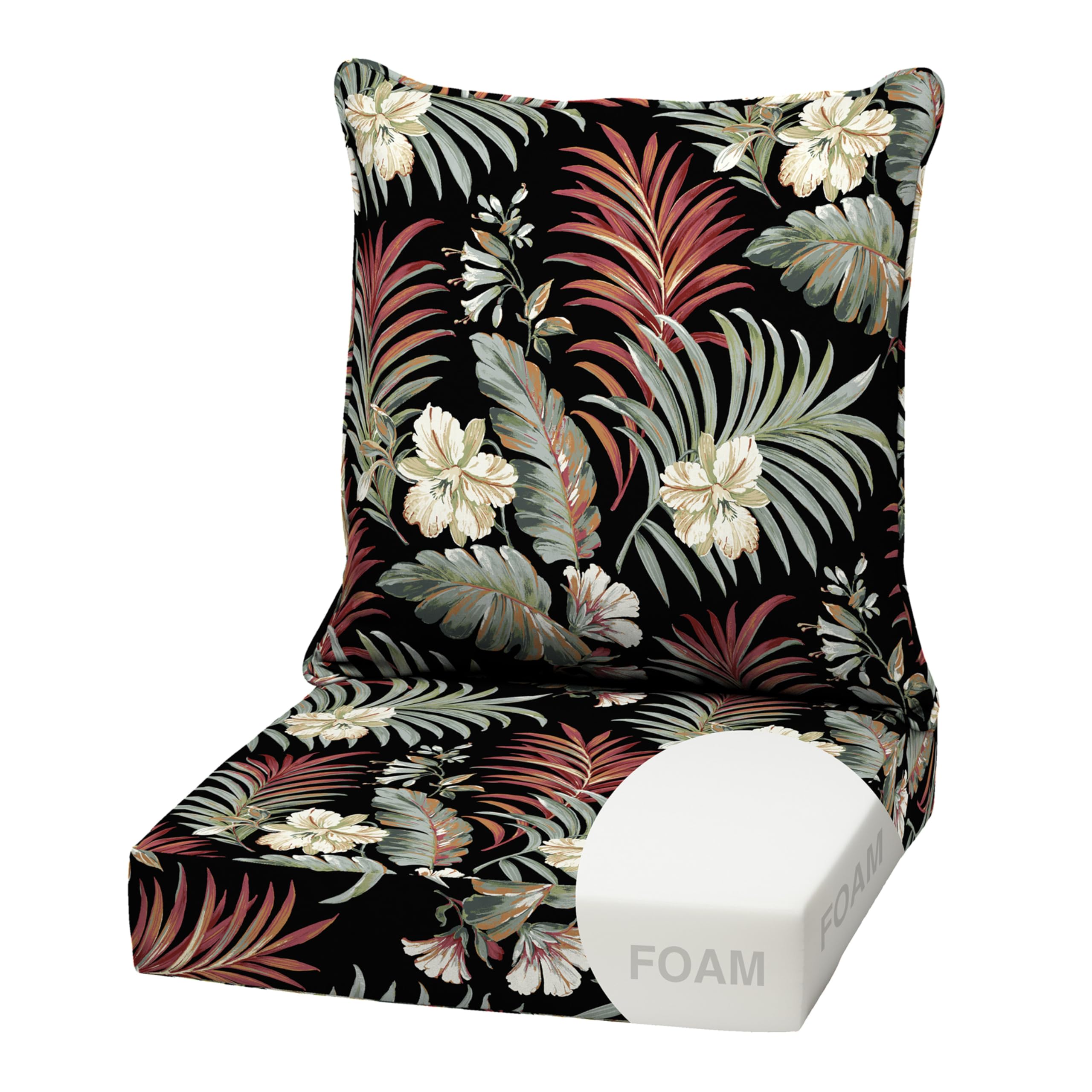 Arden Outdoor Foam Deep Seat Cushion Set, 22 in x 24 in, Weather-Proof, Rain-Proof, Fade Resistant Patio Cushion, Bottom and Back Cushion for Chair, Sofa, and Couch Simone Black Tropical — image 1