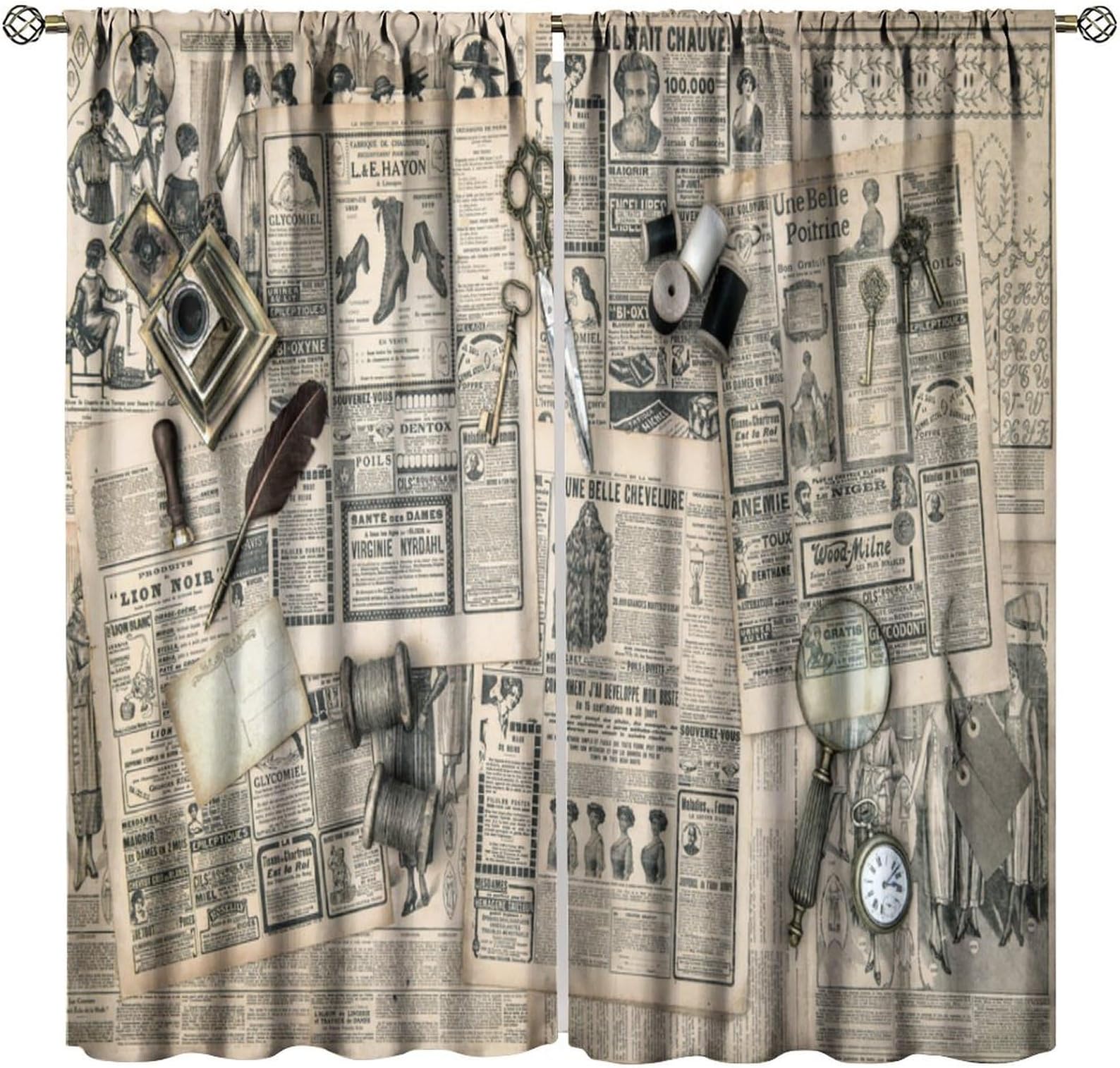 Newspaper Decor Window Curtain, Antique Accessories Design Old Fashion Magazine Sewing and Writing Tools Print for Home Kitchen Livingroom Coffee Room Window Curtain 2Panel 42" W X 54" L