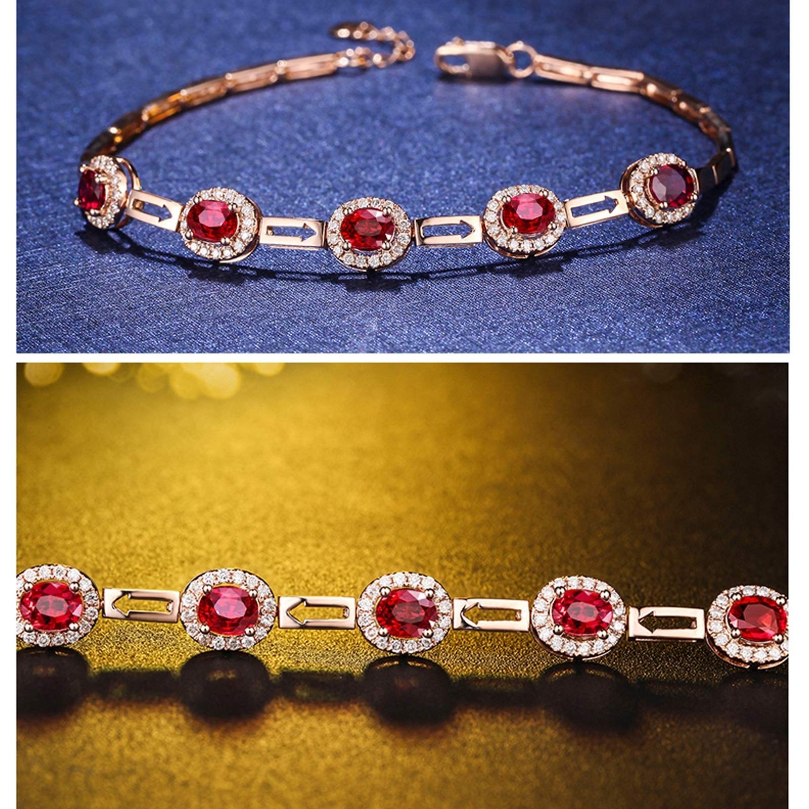 ZH1YFD Pulsera de Cadena de Oro Rosa de rubí, eslabón de Barra y halo con Cadena de Pulsera de rubí y Zafiro de 1,35 Quilates para Mujer 16,5 + 2,5 CM